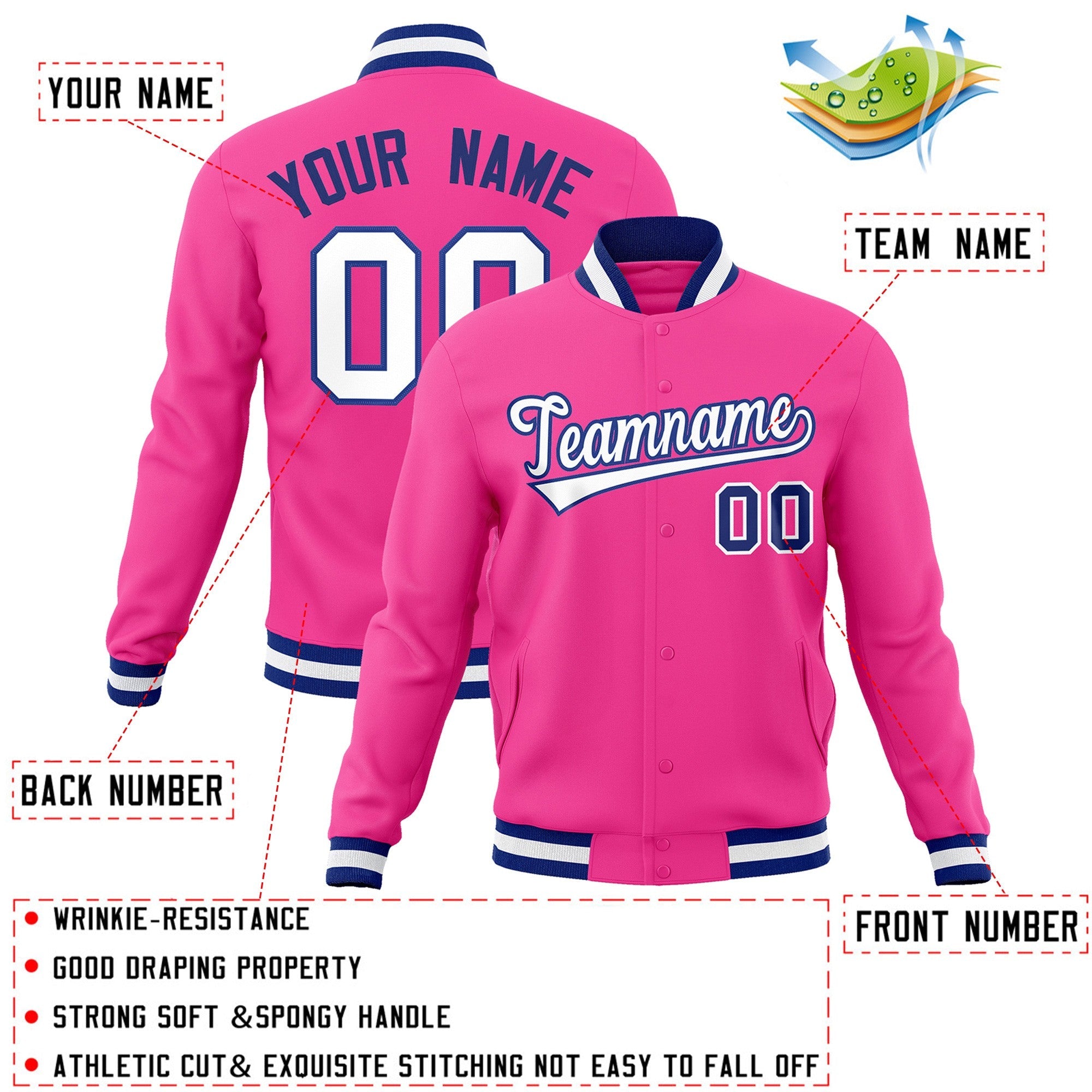 Custom Pink White-Royal Classic Style Varsity Full-Snap Letterman Jacket