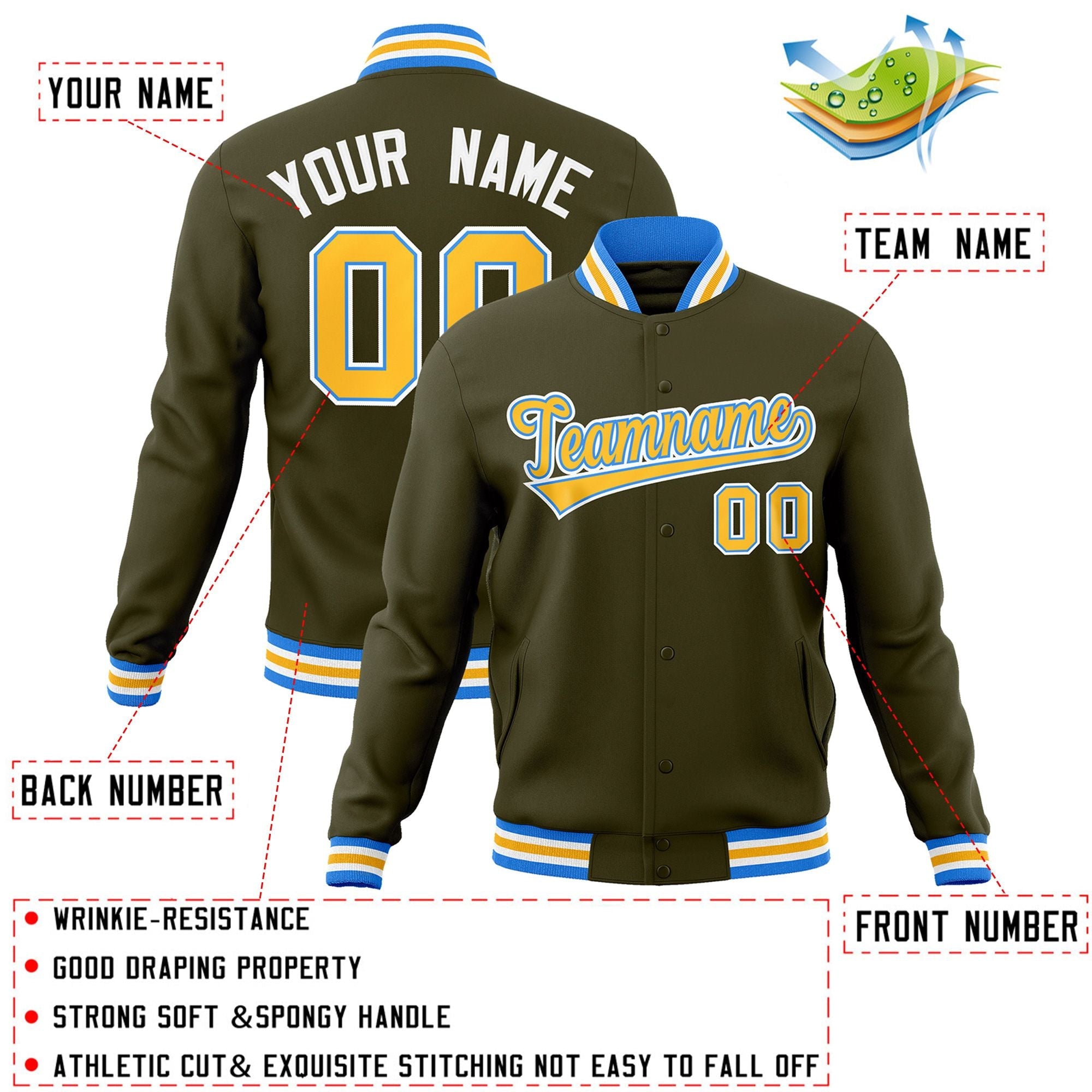 Custom Olive Yellow-Powder Blue Classic Style Varsity Full-Snap Letterman Jacket