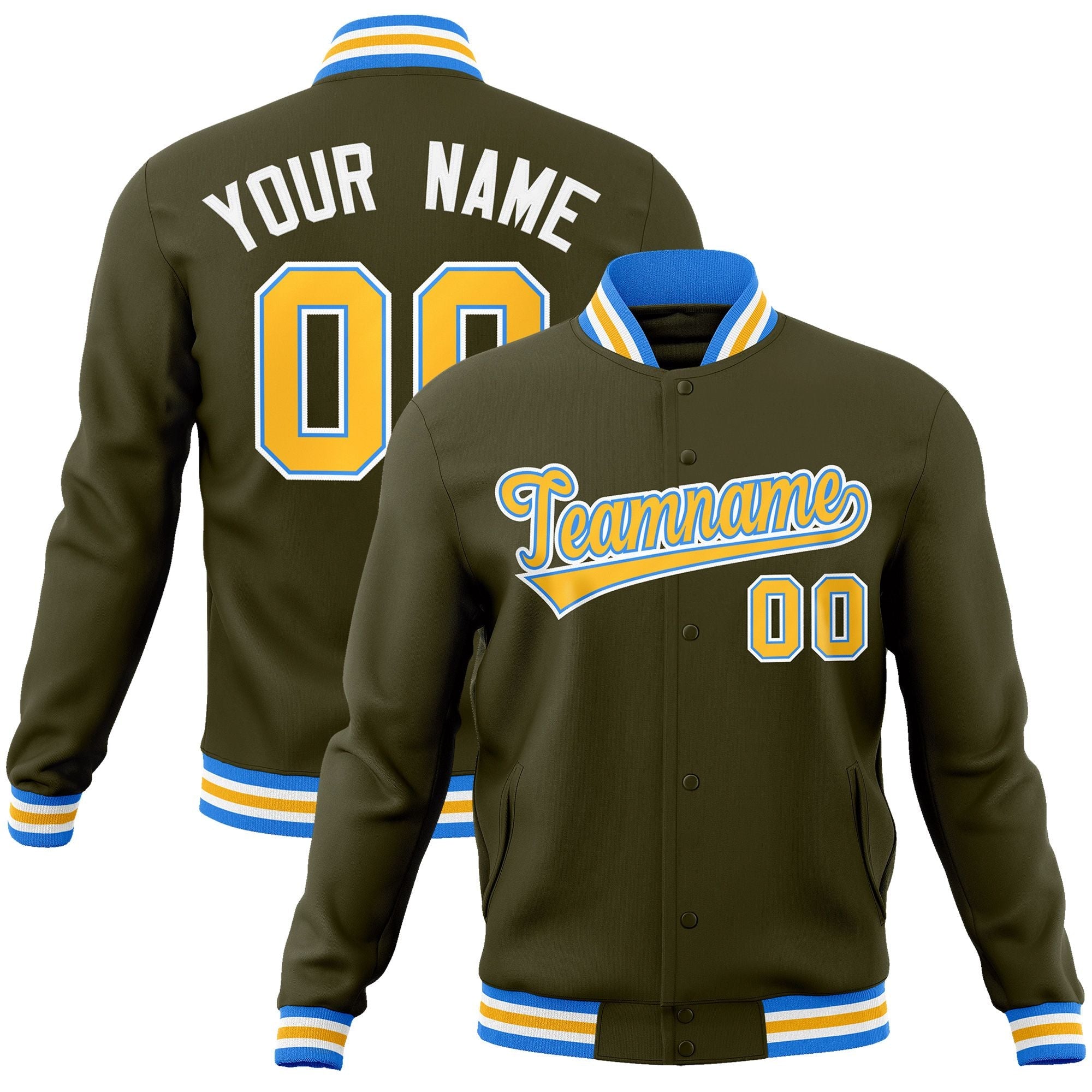 Custom Olive Yellow-Powder Blue Classic Style Varsity Full-Snap Letterman Jacket