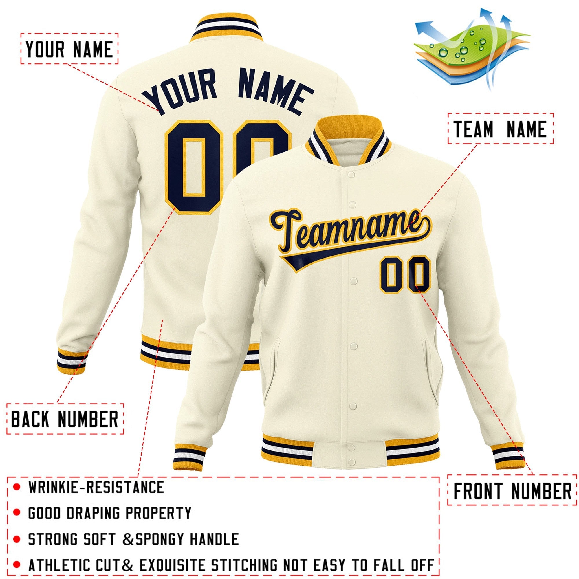 Custom Khaki Navy-Yellow Classic Style Varsity Full-Snap Letterman Jacket