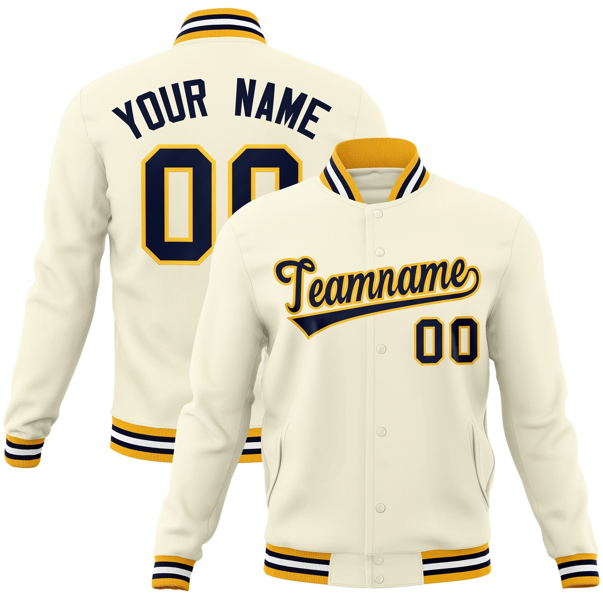 Custom Khaki Navy-Yellow Classic Style Varsity Full-Snap Letterman Jacket