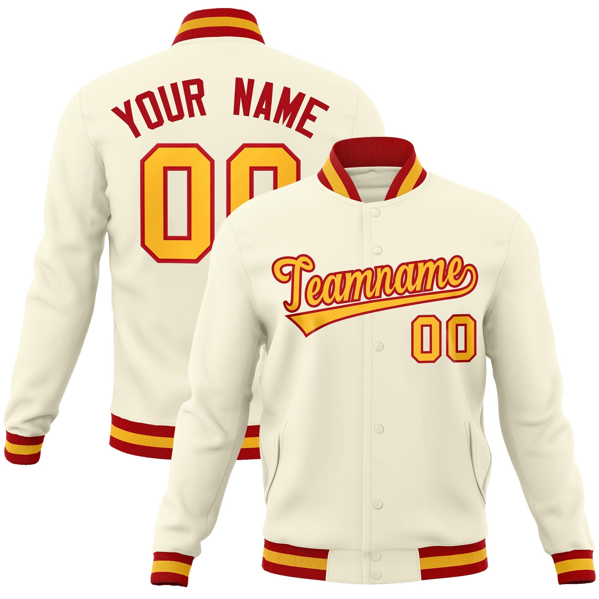 Custom Khaki Yellow-Red Classic Style Varsity Full-Snap Letterman Jacket