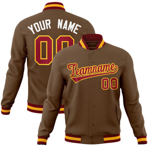 Custom Light Brown Crimson-Yellow Classic Style Varsity Full-Snap Letterman Jacket