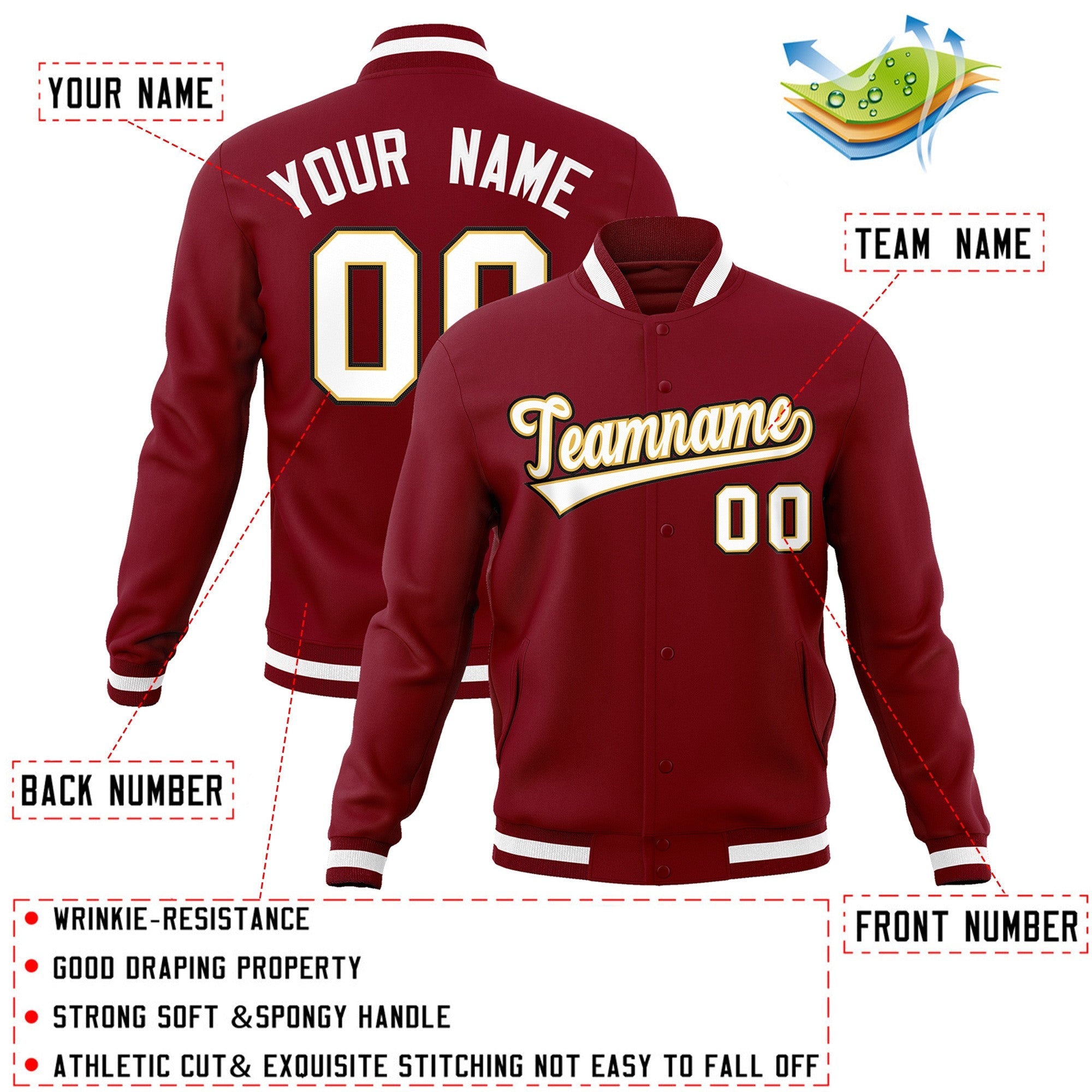 Custom Crimson White-Old Gold Classic Style Varsity Full-Snap Letterman Jacket