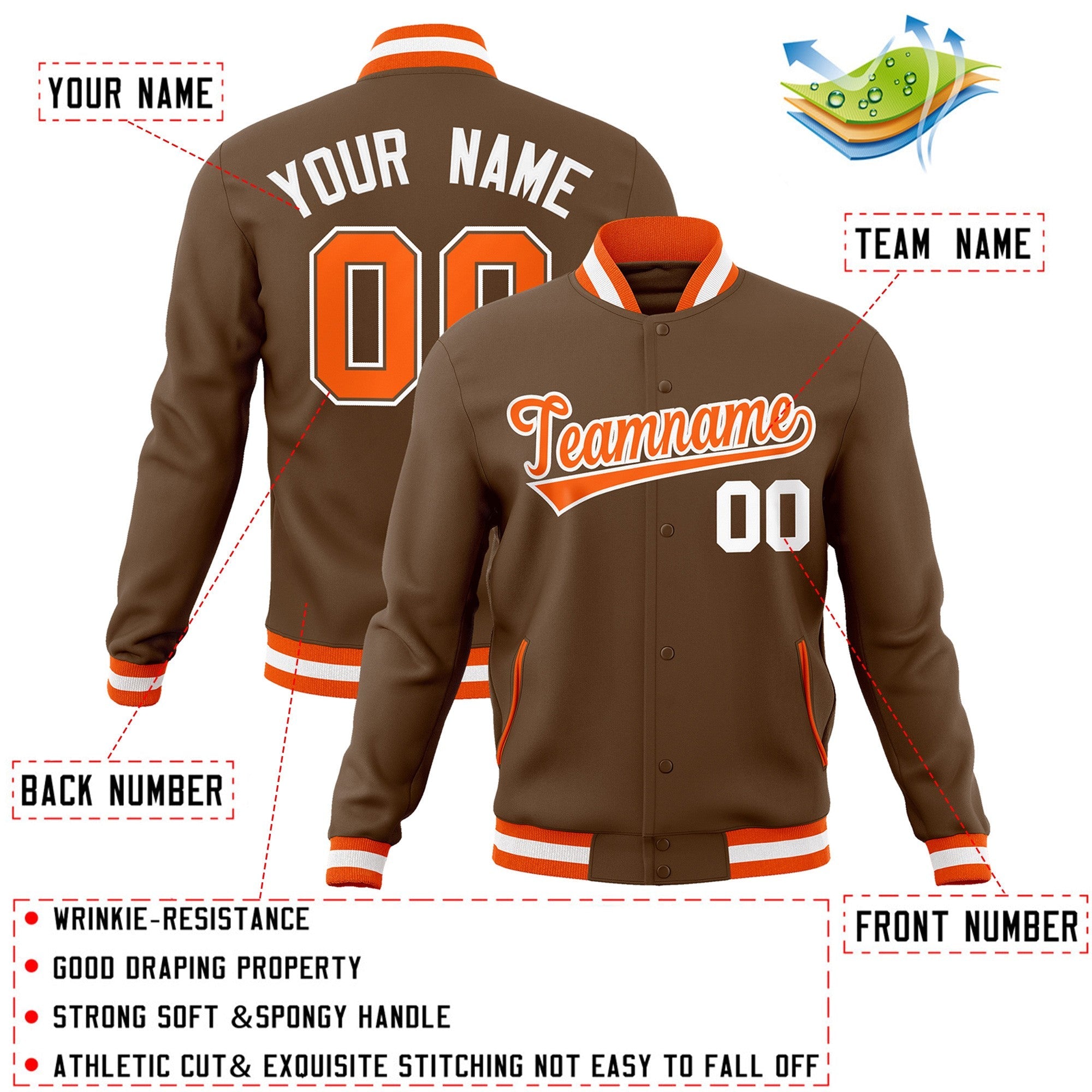 Custom Light Brown Orange-White Classic Style Varsity Full-Snap Letterman Jacket