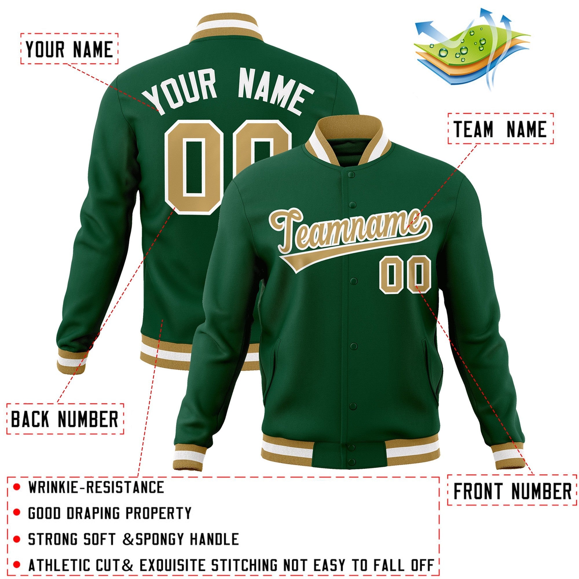 Custom Green Old Gold-White Classic Style Varsity Full-Snap Letterman Jacket