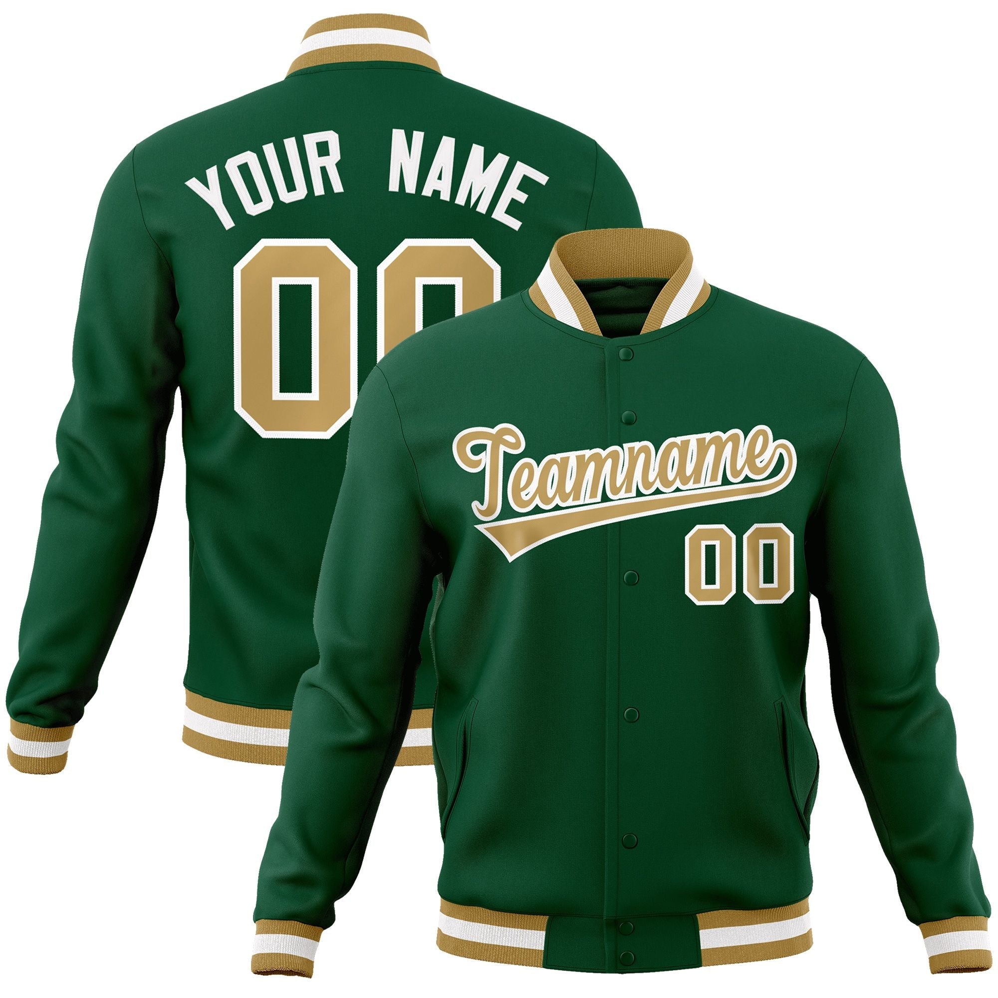 Custom Green Old Gold-White Classic Style Varsity Full-Snap Letterman Jacket