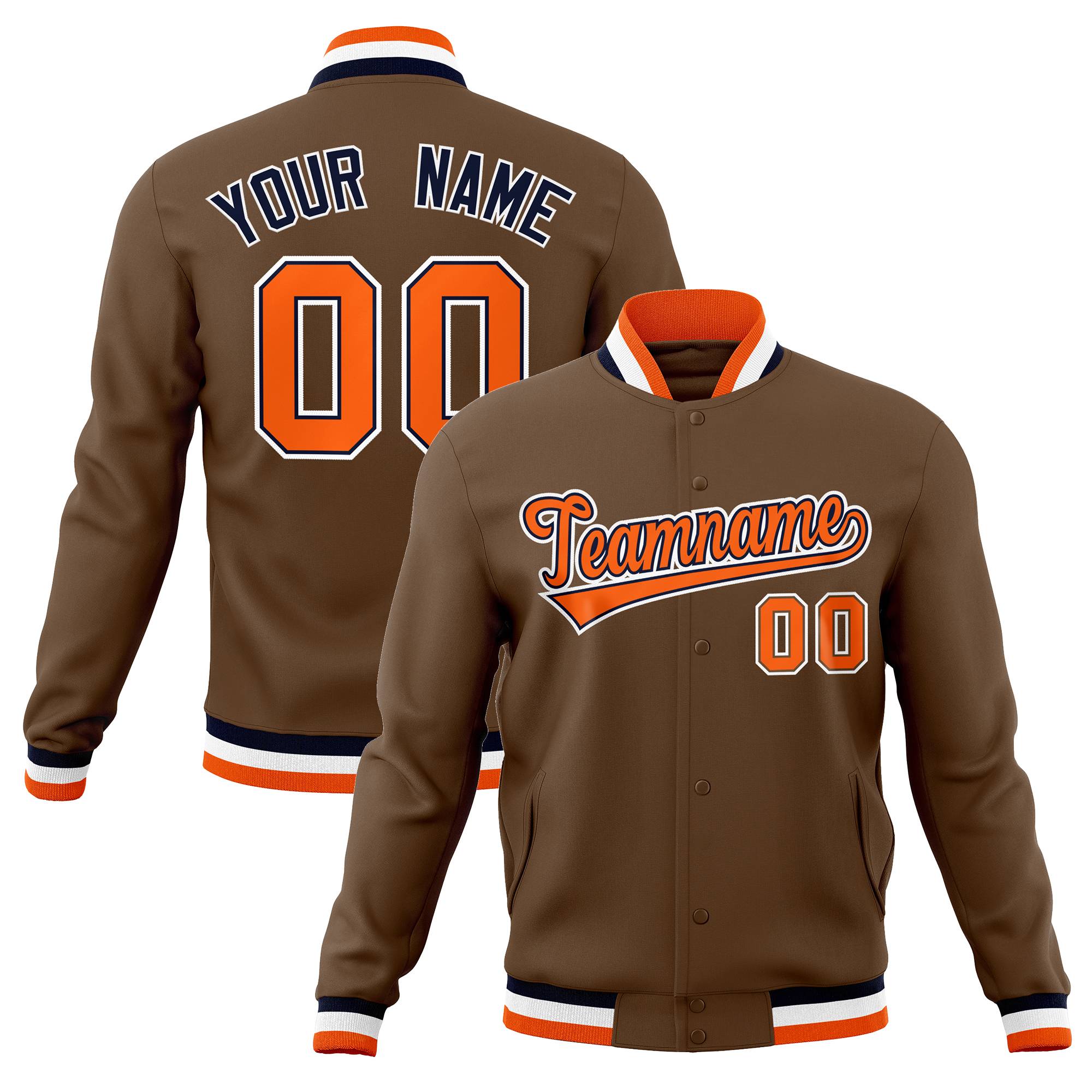 Custom Light Brown Orange-Navy Classic Style Varsity Full-Snap Letterman Jacket