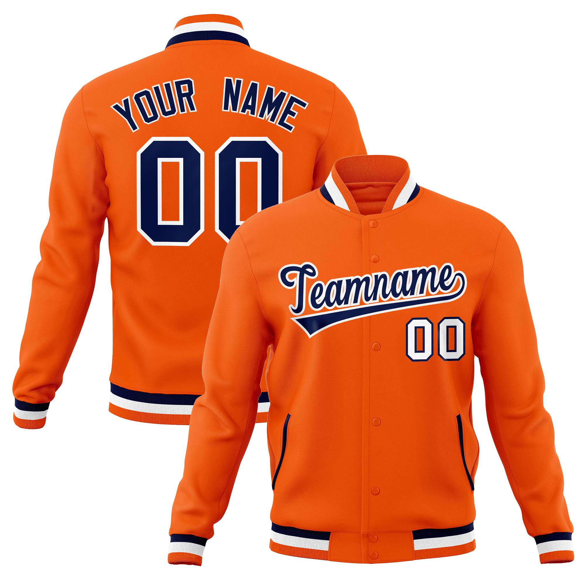 Custom Orange Navy-White Classic Style Varsity Full-Snap Letterman Jacket