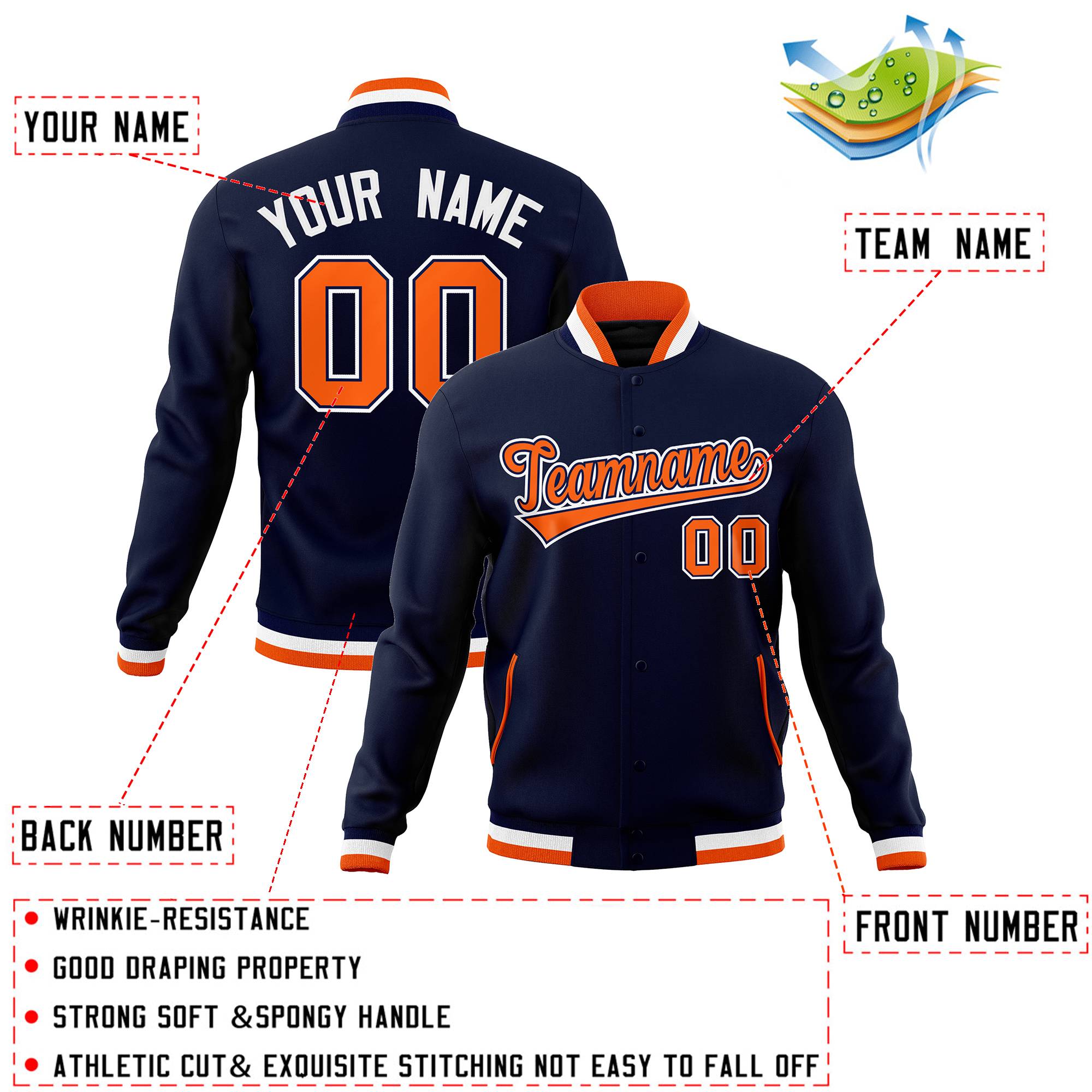 Custom Navy Orange-Navy Classic Style Varsity Full-Snap Letterman Jacket