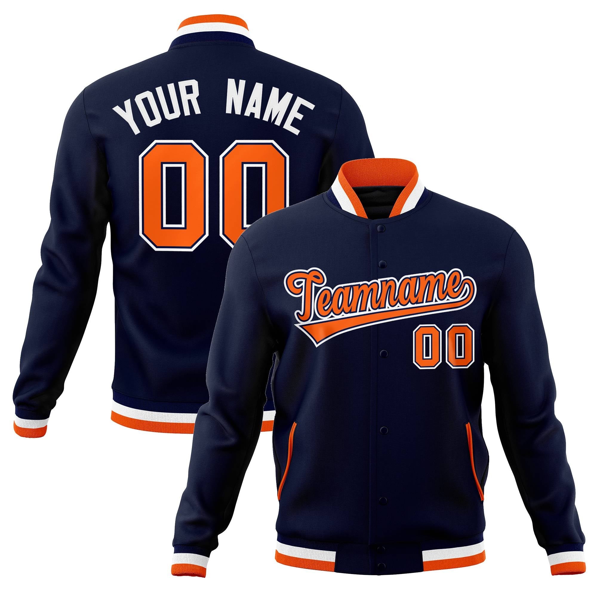 Custom Navy Orange-Navy Classic Style Varsity Full-Snap Letterman Jacket