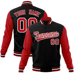 Veste Letterman Varsity Full-Snap à manches raglan personnalisées noir rouge-blanc