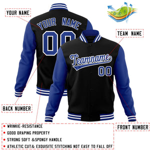 Custom Black Royal-White Raglan Sleeves Varsity Full-Snap Letterman Jacket