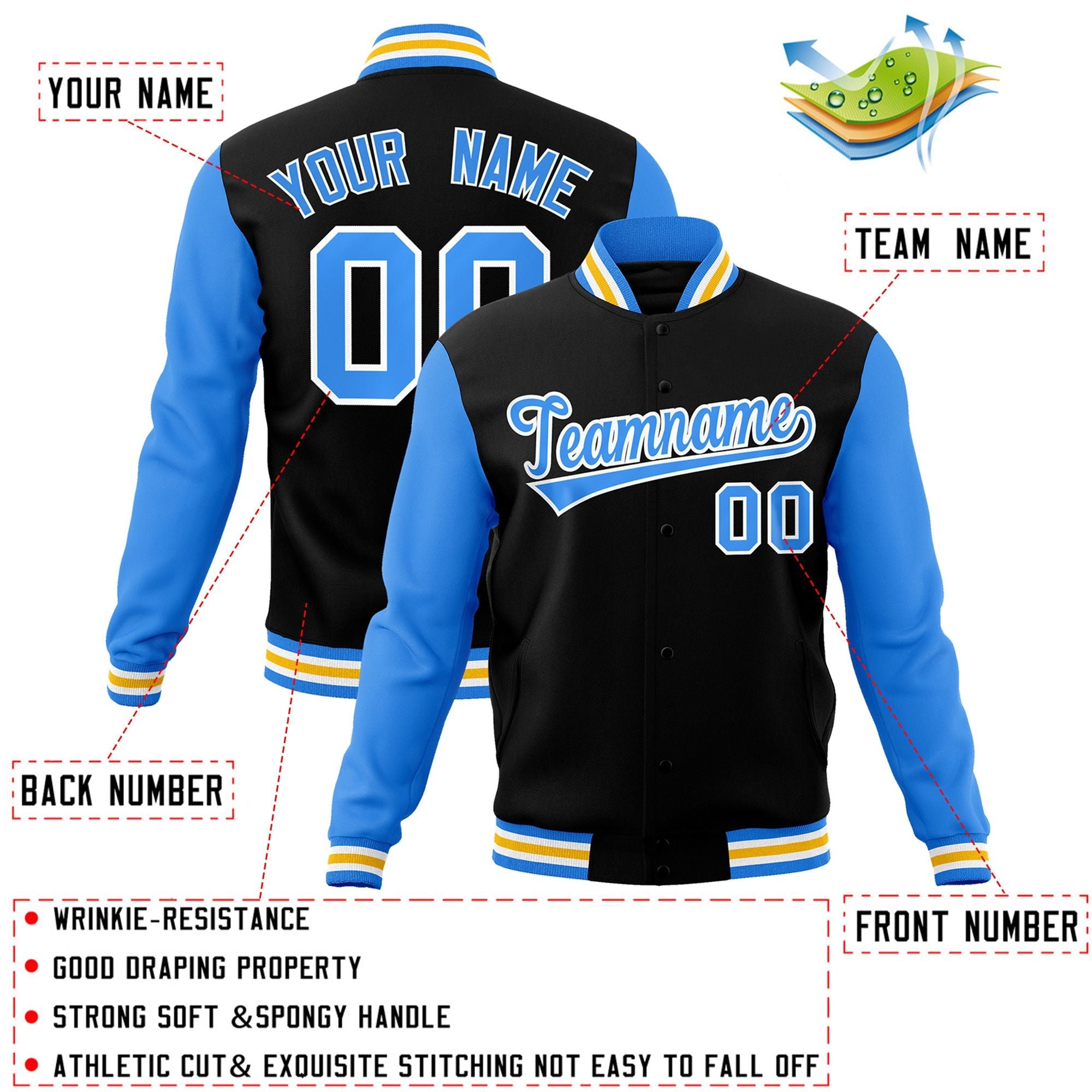 Custom Black Powder Blue-White Raglan Sleeves Varsity Full-Snap Letterman Jacket