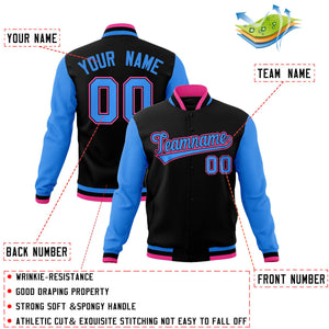 Custom Black Powder Blue-Black Raglan Sleeves Varsity Full-Snap Letterman Jacket