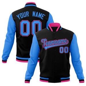 Custom Black Powder Blue-Black Raglan Sleeves Varsity Full-Snap Letterman Jacket