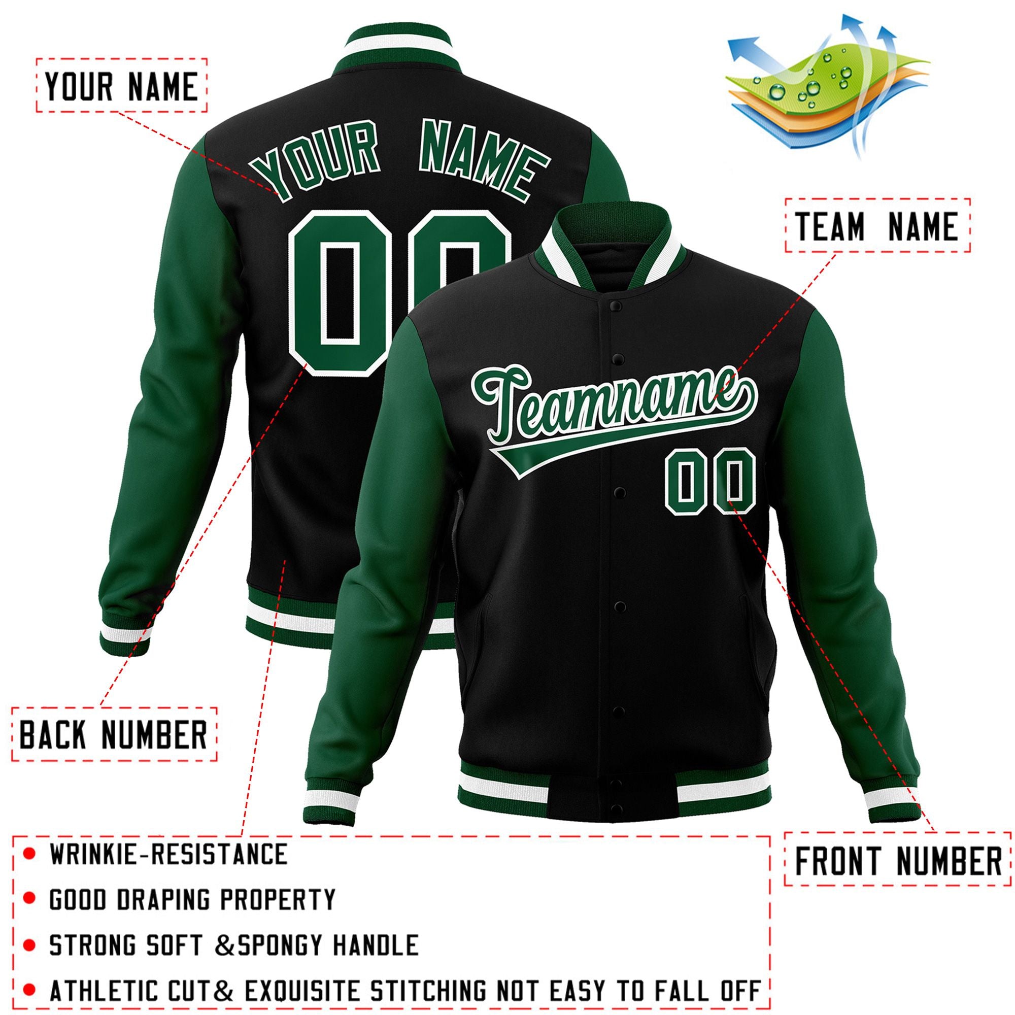 Veste Letterman Varsity Full-Snap à manches raglan personnalisées noir vert-blanc