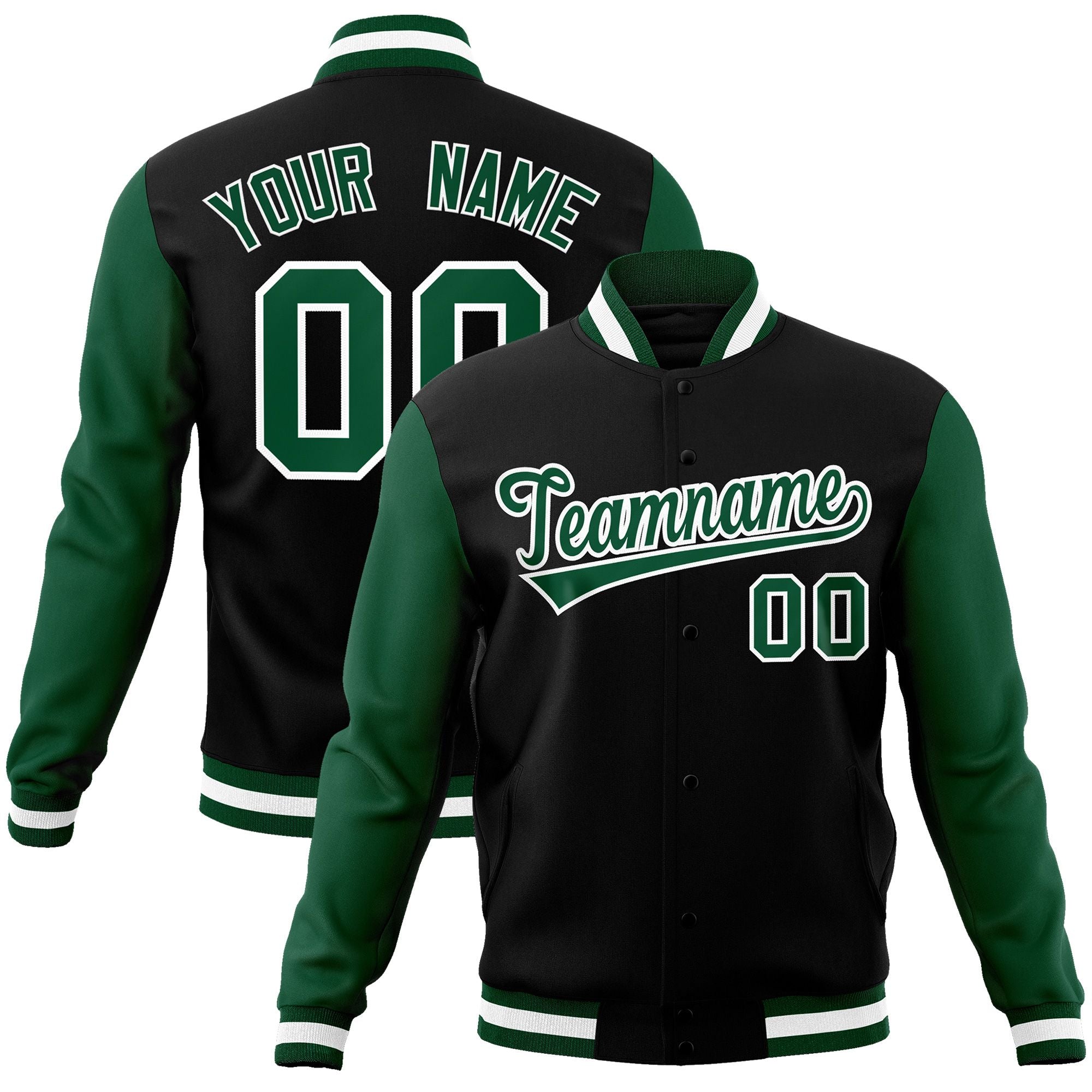 Custom Black Green-White Raglan Sleeves Varsity Full-Snap Letterman Jacket