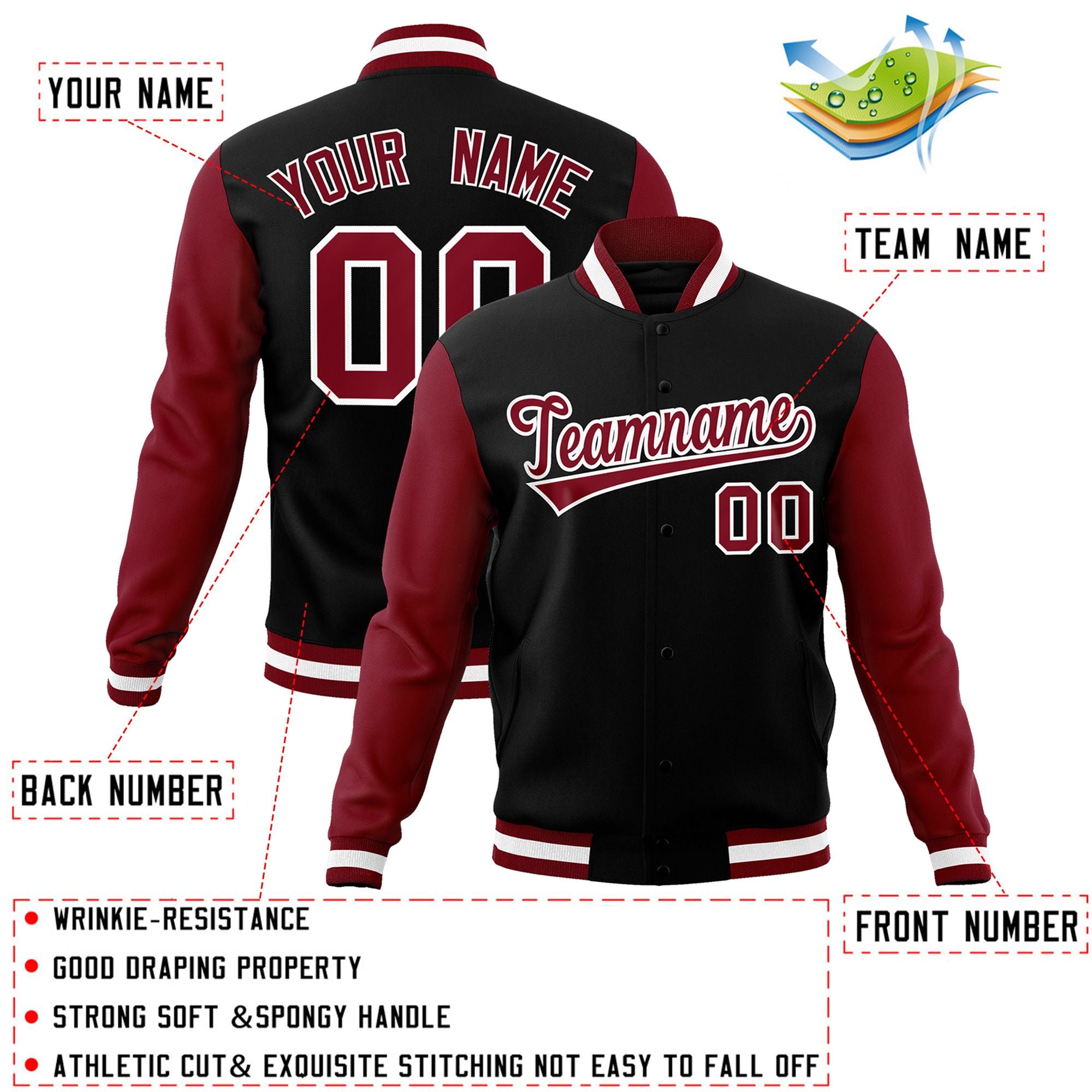 Custom Black Crimson-White Raglan Sleeves Varsity Full-Snap Letterman Jacket