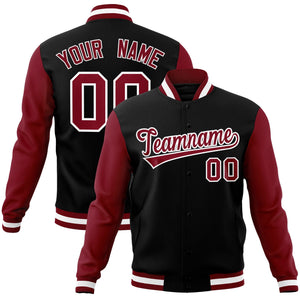 Custom Black Crimson-White Raglan Sleeves Varsity Full-Snap Letterman Jacket