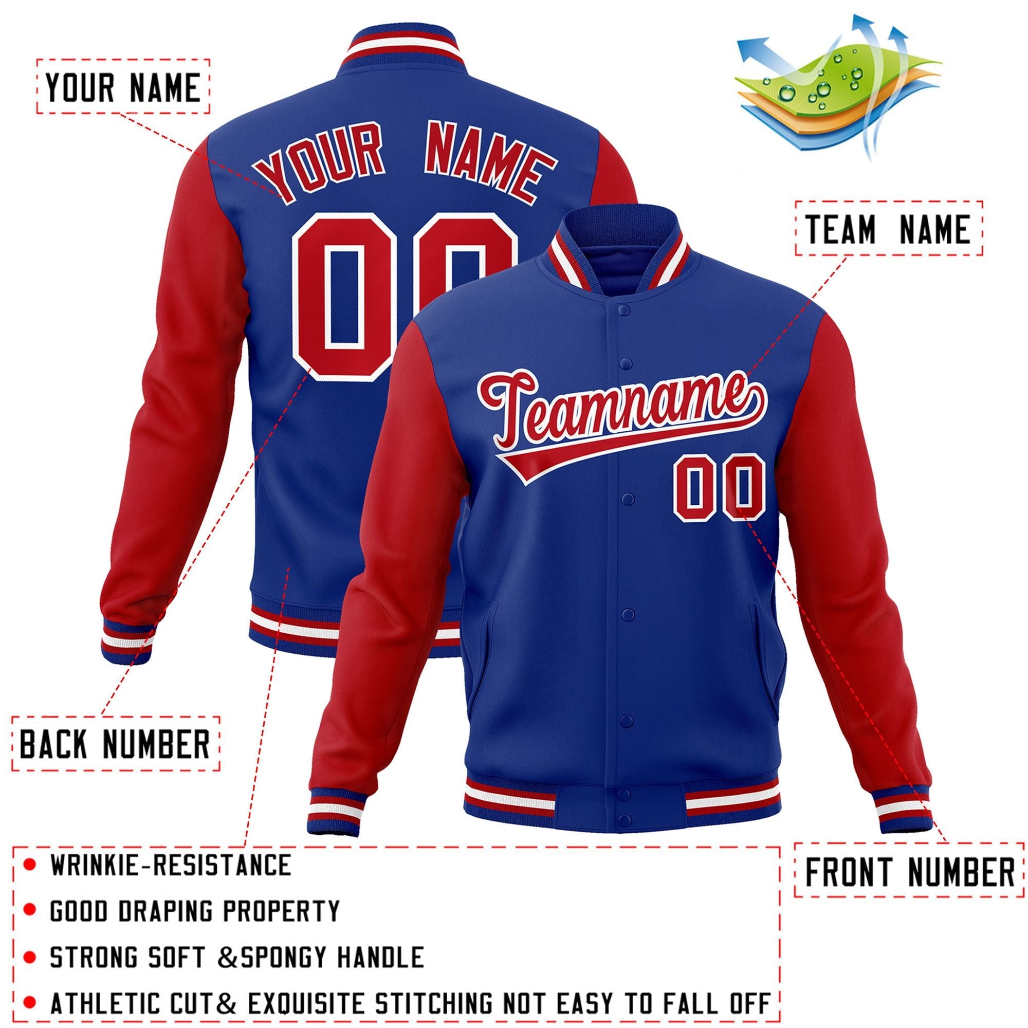 Custom Royal Red-White Raglan Sleeves Varsity Full-Snap Letterman Jacket