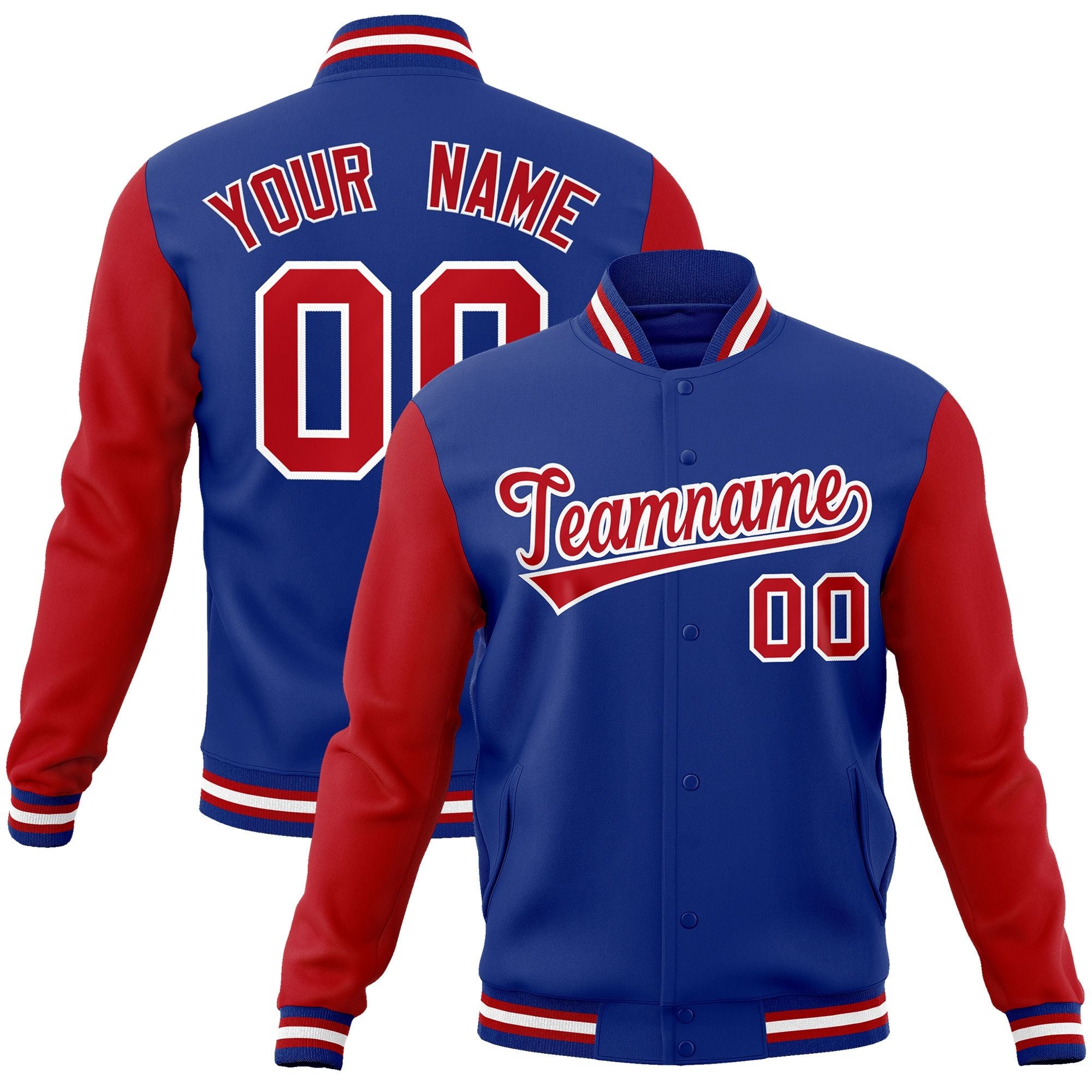 Custom Royal Red-White Raglan Sleeves Varsity Full-Snap Letterman Jacket