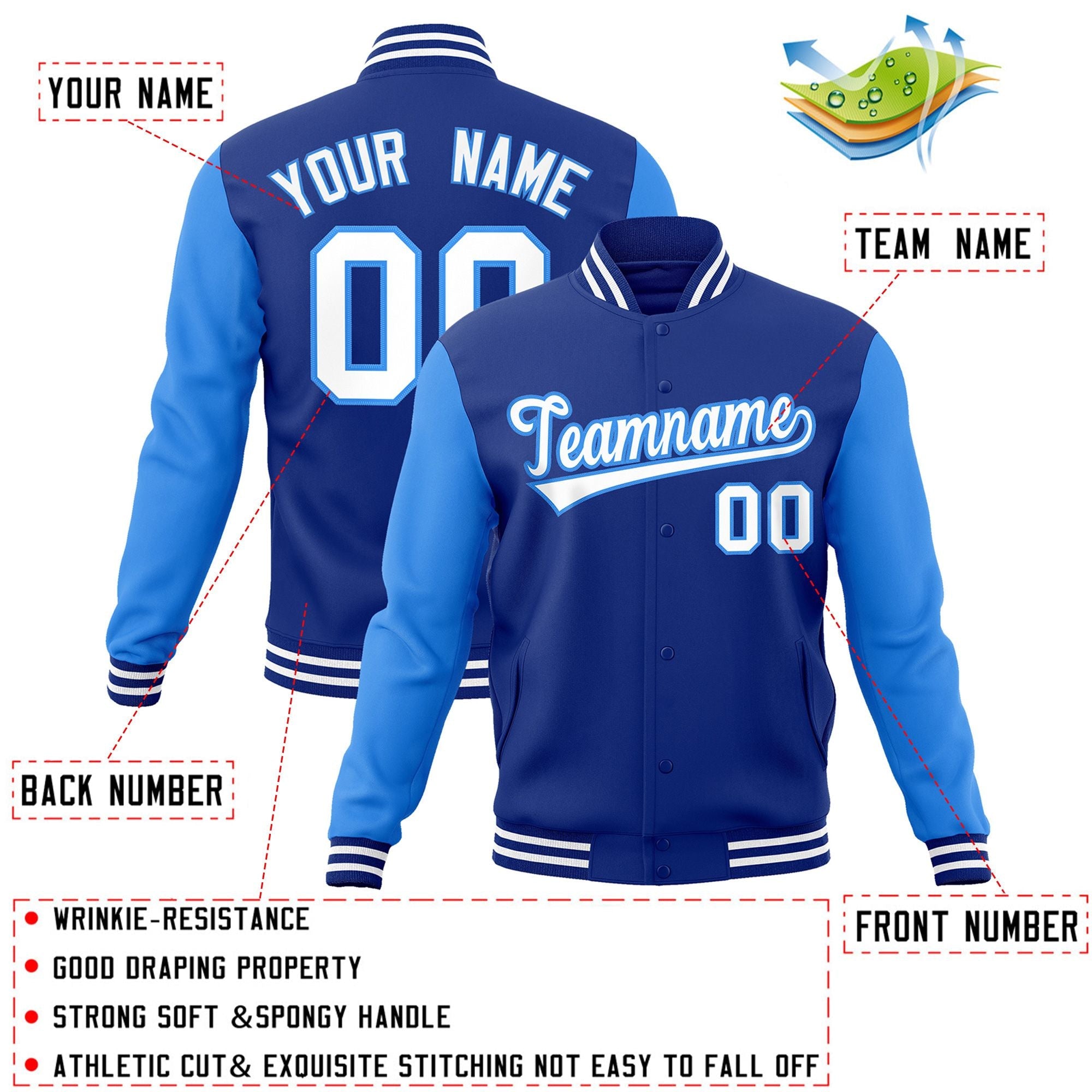 Custom Royal White-Powder Blue Raglan Sleeves Varsity Full-Snap Letterman Jacket