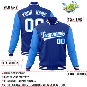 Veste Letterman Varsity Full-Snap Custom Royal White-Powder Blue à manches raglan