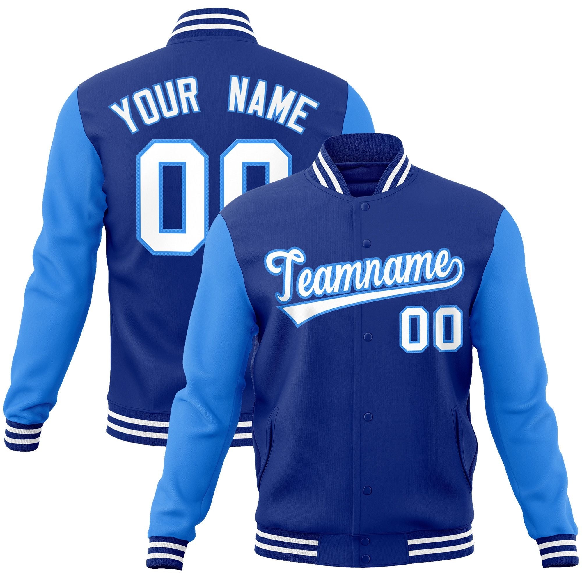 Custom Royal White-Powder Blue Raglan Sleeves Varsity Full-Snap Letterman Jacket