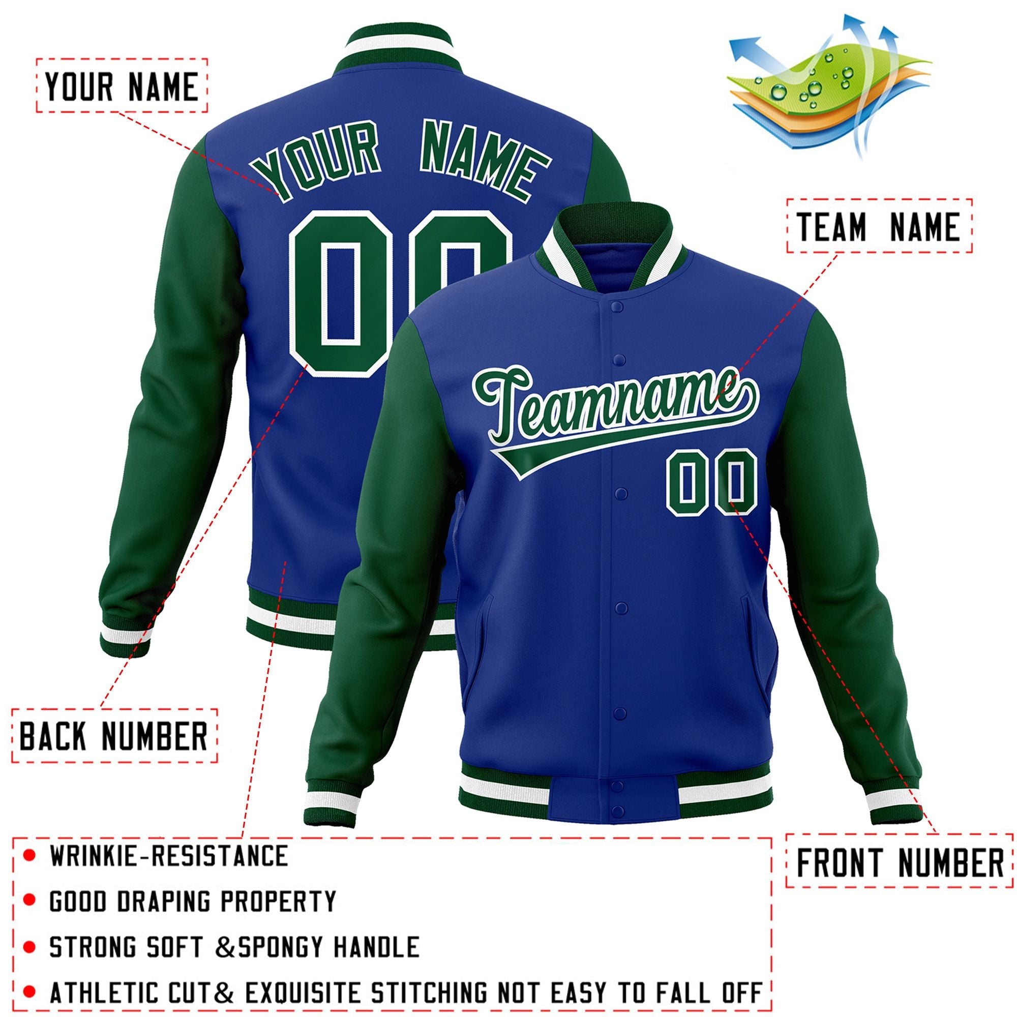 Custom Royal Green-White Raglan Sleeves Varsity Full-Snap Letterman Jacket