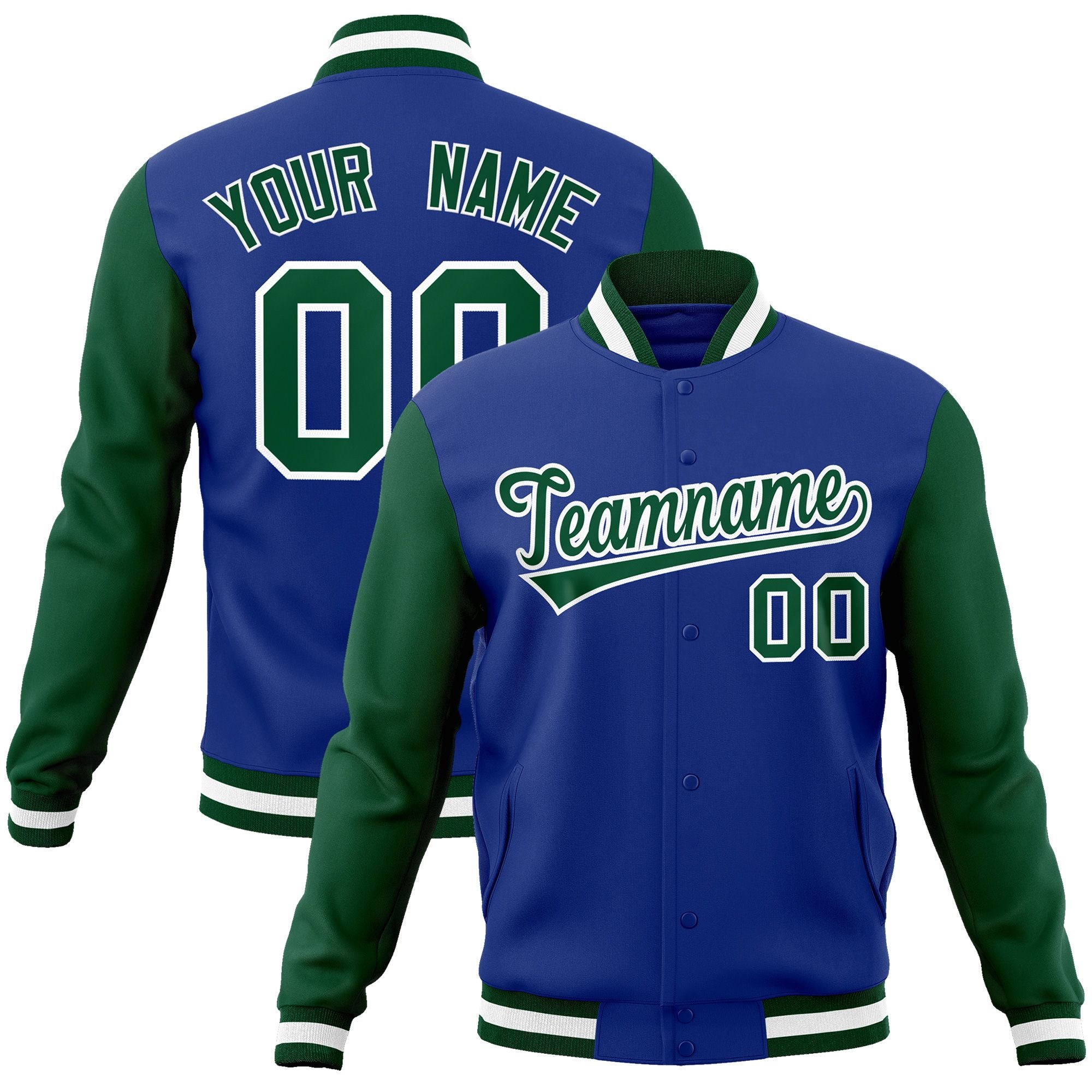 Custom Royal Green-White Raglan Sleeves Varsity Full-Snap Letterman Jacket