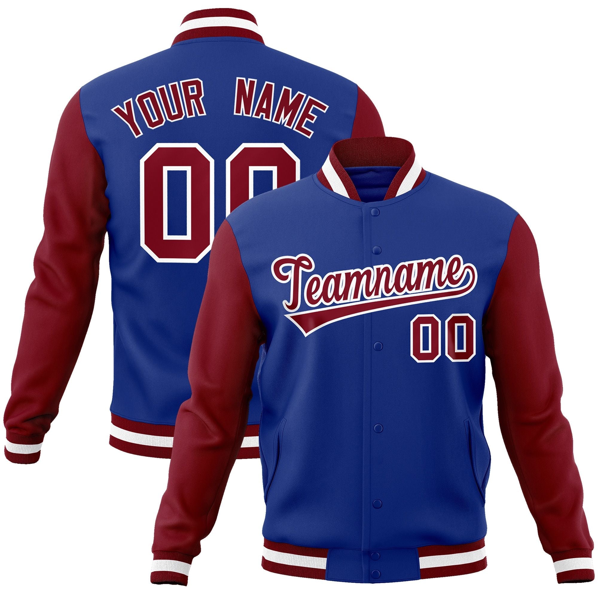 Custom Royal Crimson-White Raglan Sleeves Varsity Full-Snap Letterman Jacket