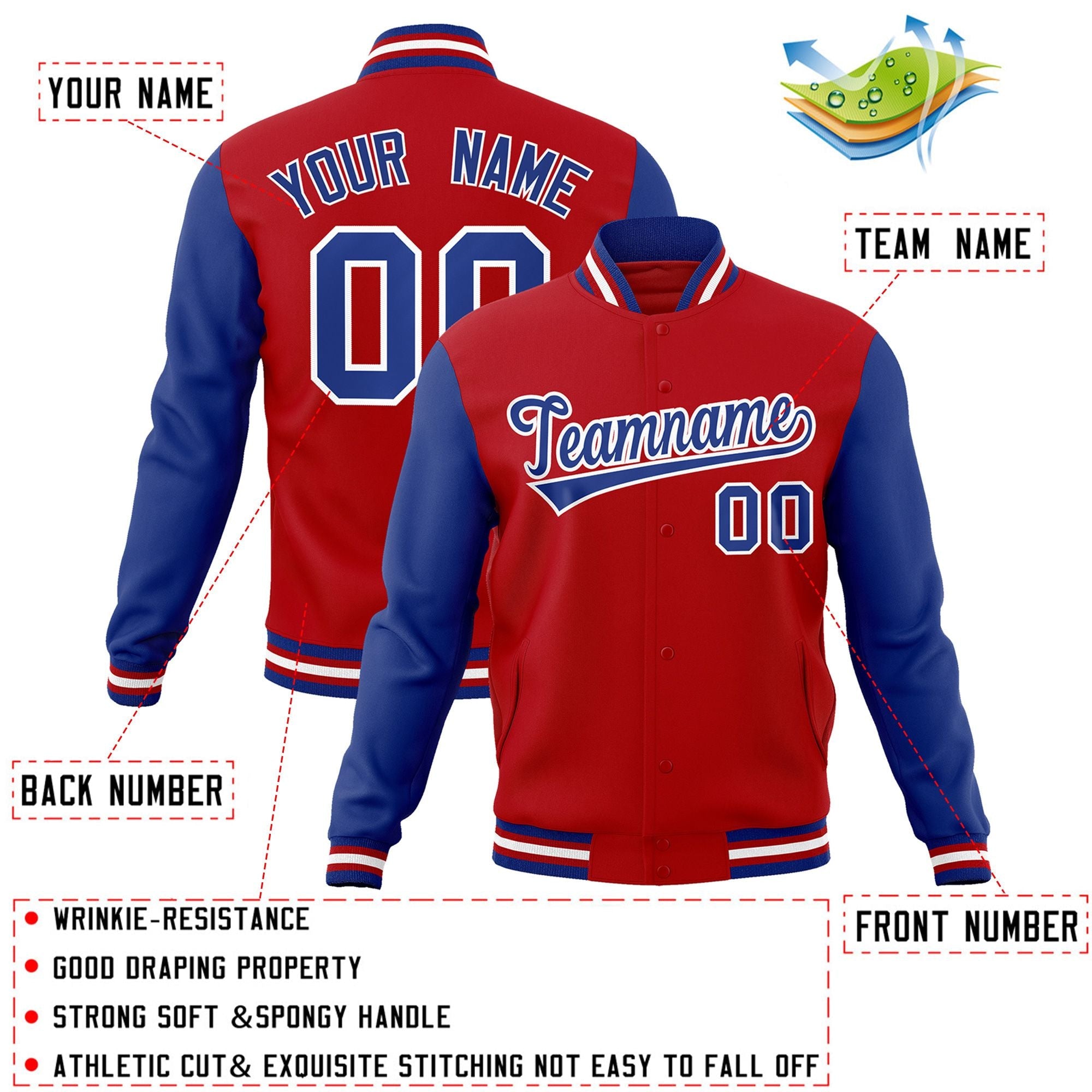 custom red and royal long sleeve casual varsity baseball full snap jacket