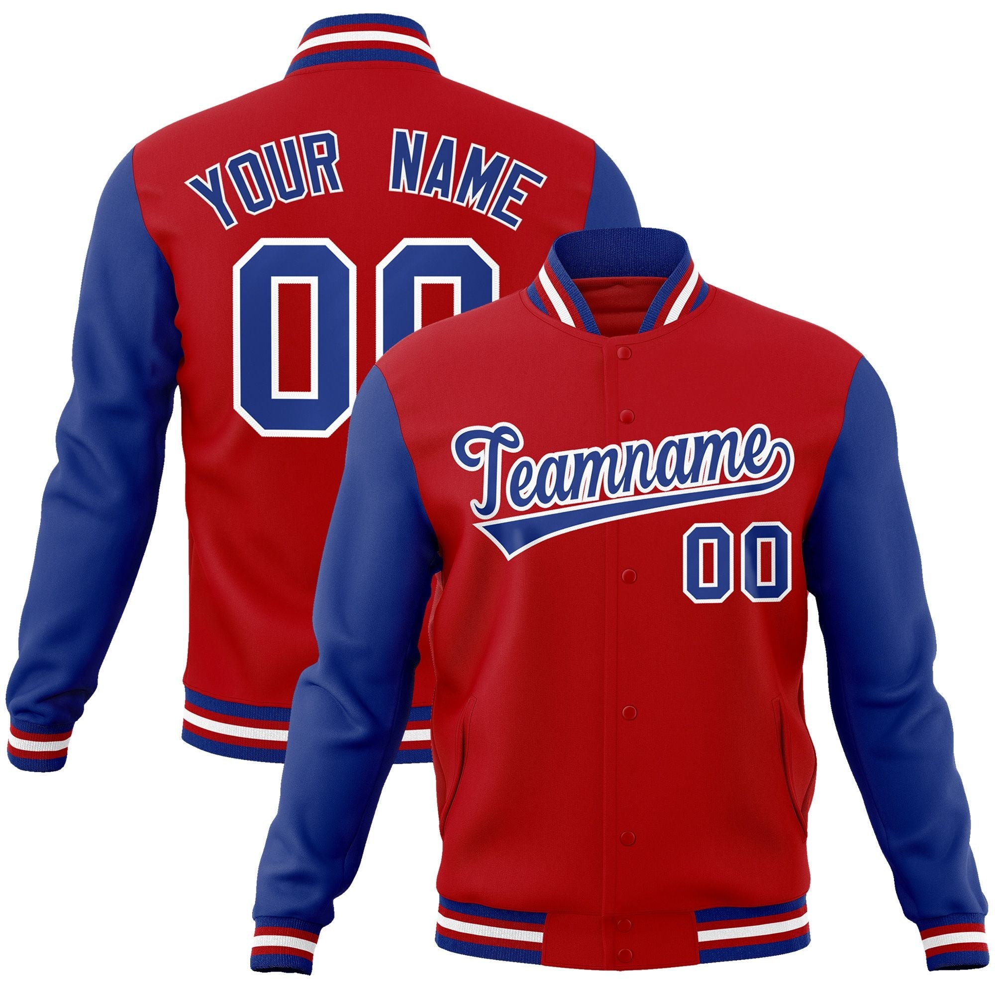 custom red and royal long sleeve casual varsity baseball full snap jacket