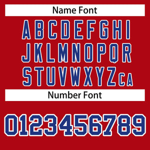 custom red and royal blue long sleeve casual varsity baseball jacket name and number font style