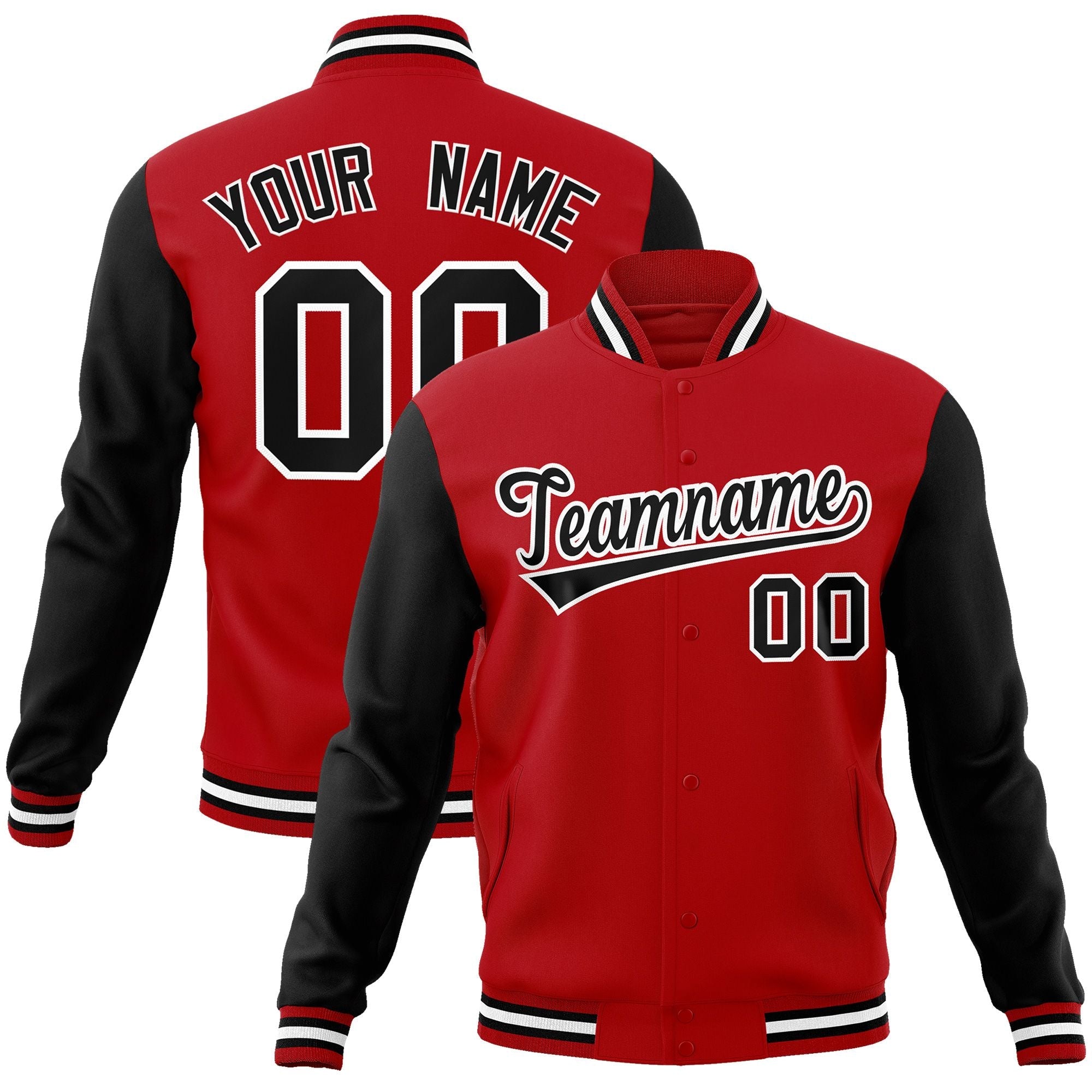 Custom Red Black-White Raglan Sleeves Varsity Full-Snap Letterman Jacket