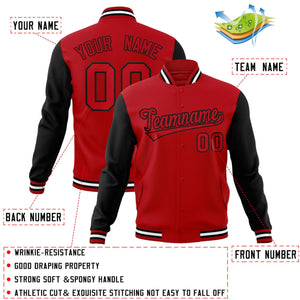 Veste Letterman Varsity Full-Snap à manches raglan rouge-noir personnalisée