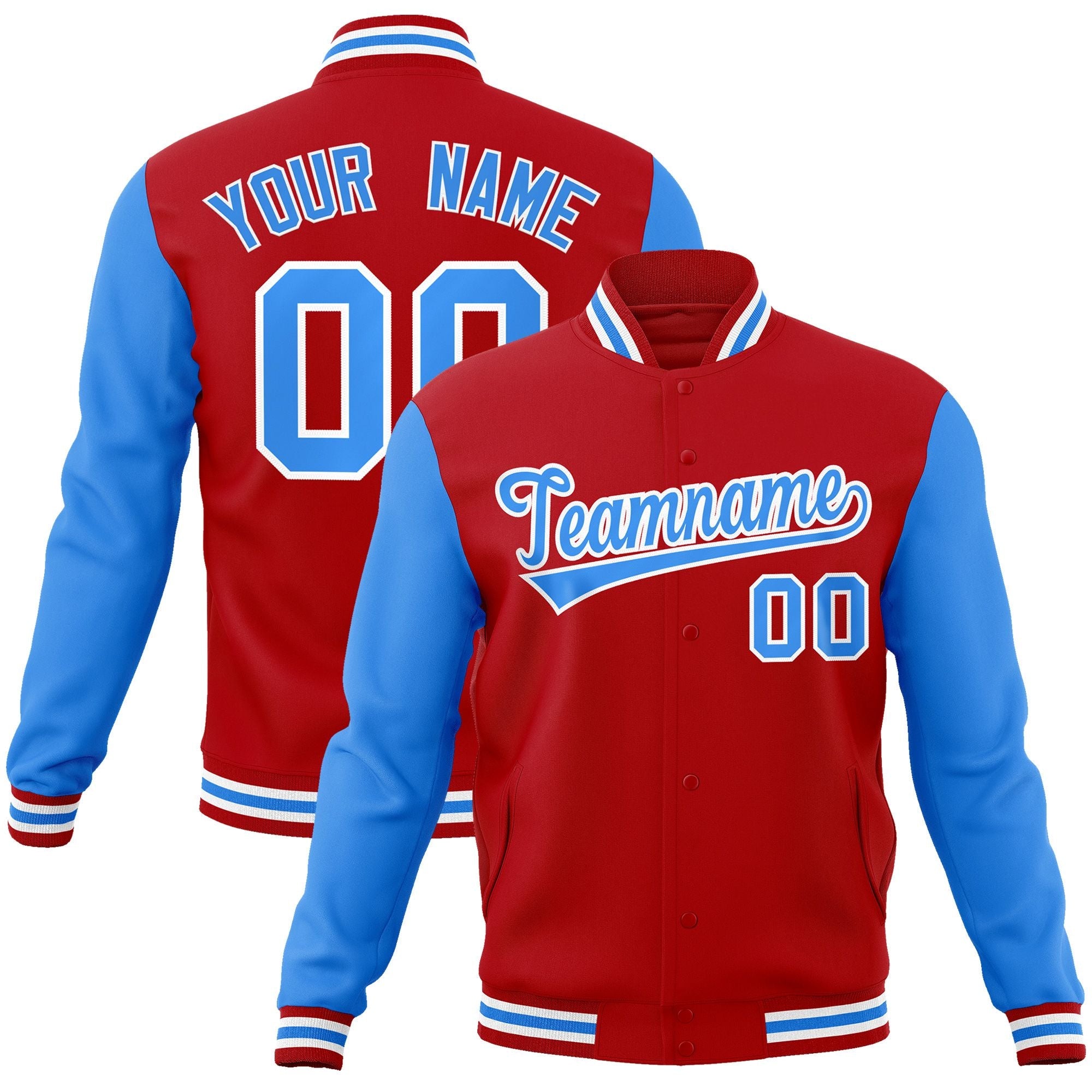 Custom Red Powder Blue-White Raglan Sleeves Varsity Full-Snap Letterman Jacket