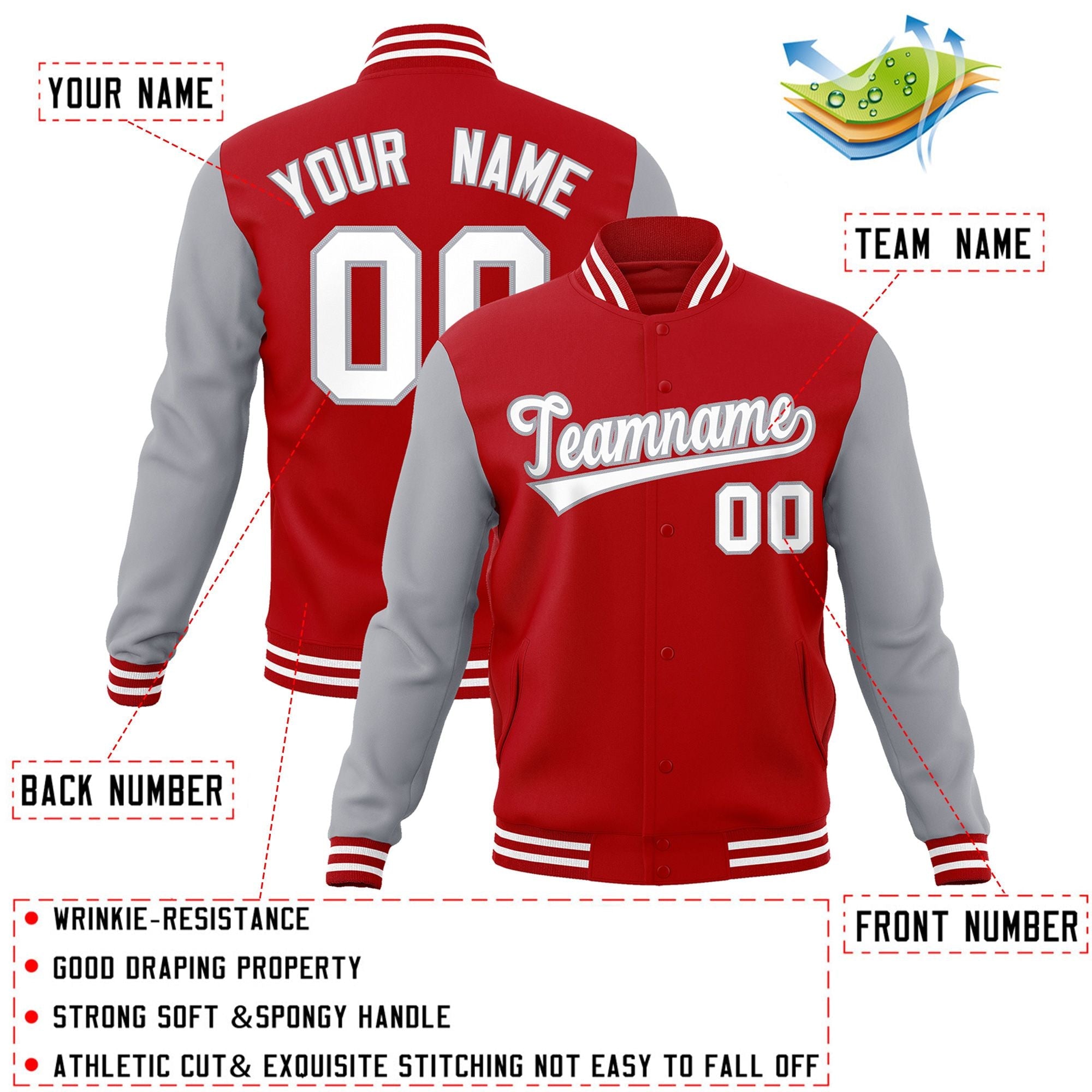 Custom Red White-Gray Raglan Sleeves Varsity Full-Snap Letterman Jacket