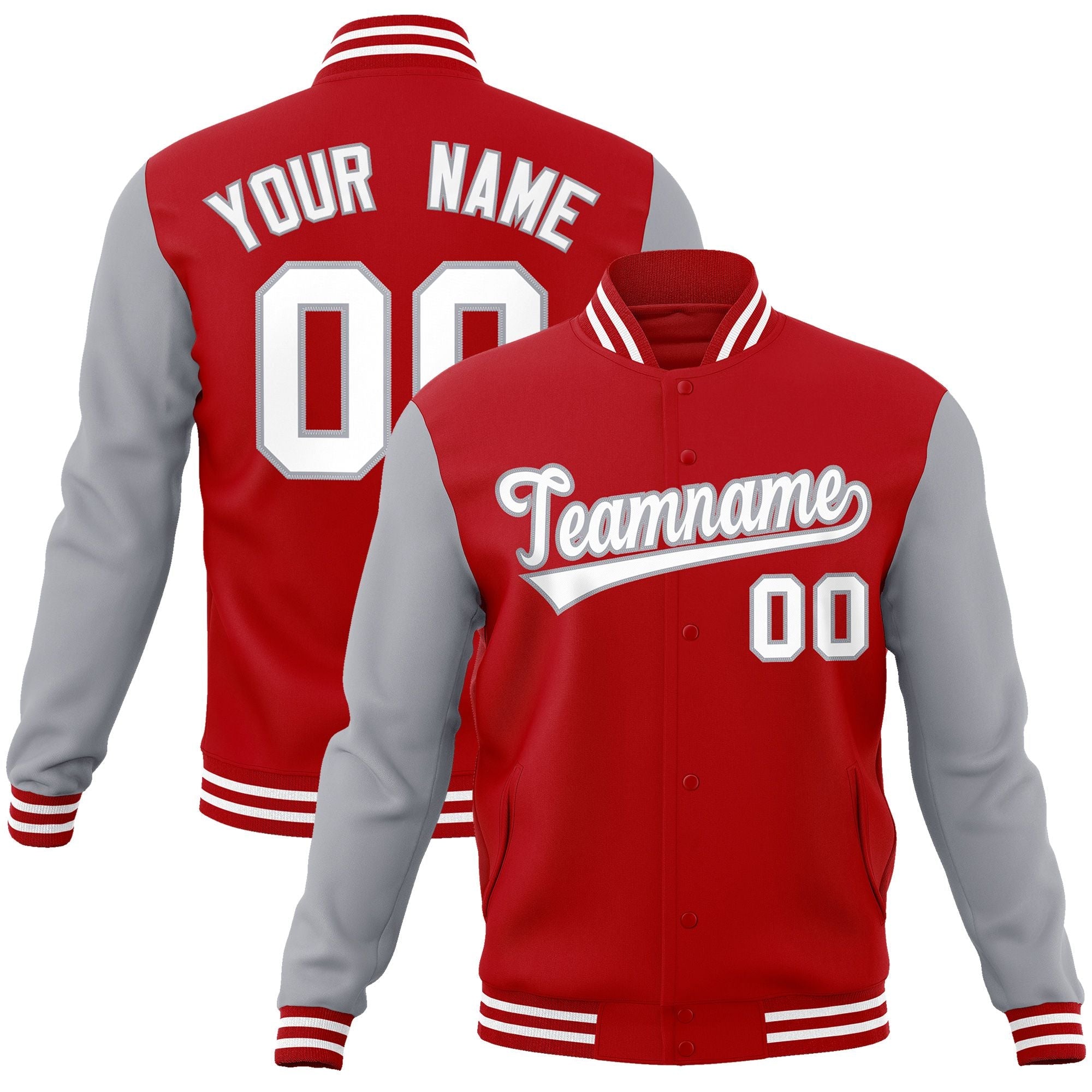 Custom Red White-Gray Raglan Sleeves Varsity Full-Snap Letterman Jacket