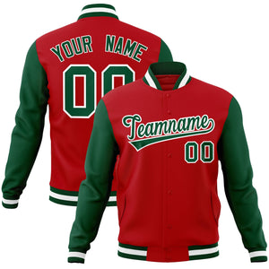 Custom Red Green-White Raglan Sleeves Varsity Full-Snap Letterman Jacket