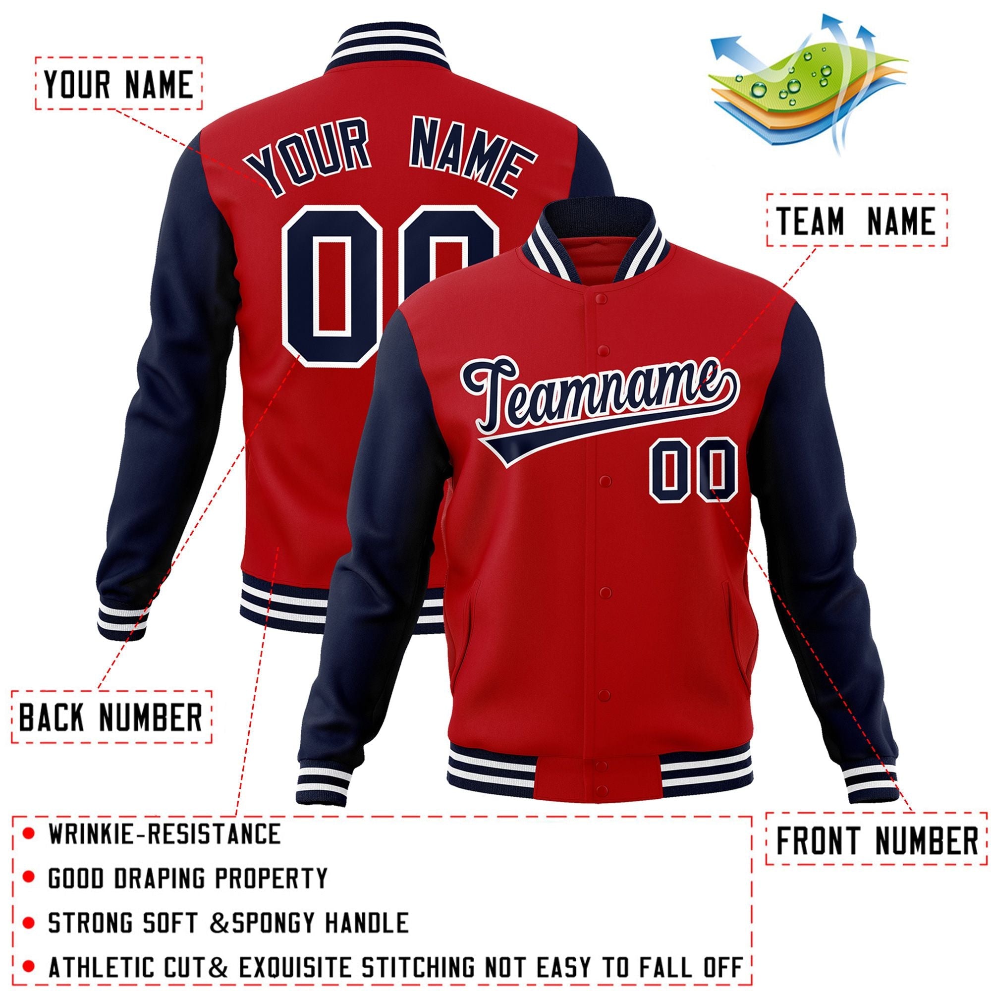 Custom Red Navy-White Raglan Sleeves Varsity Full-Snap Letterman Jacket