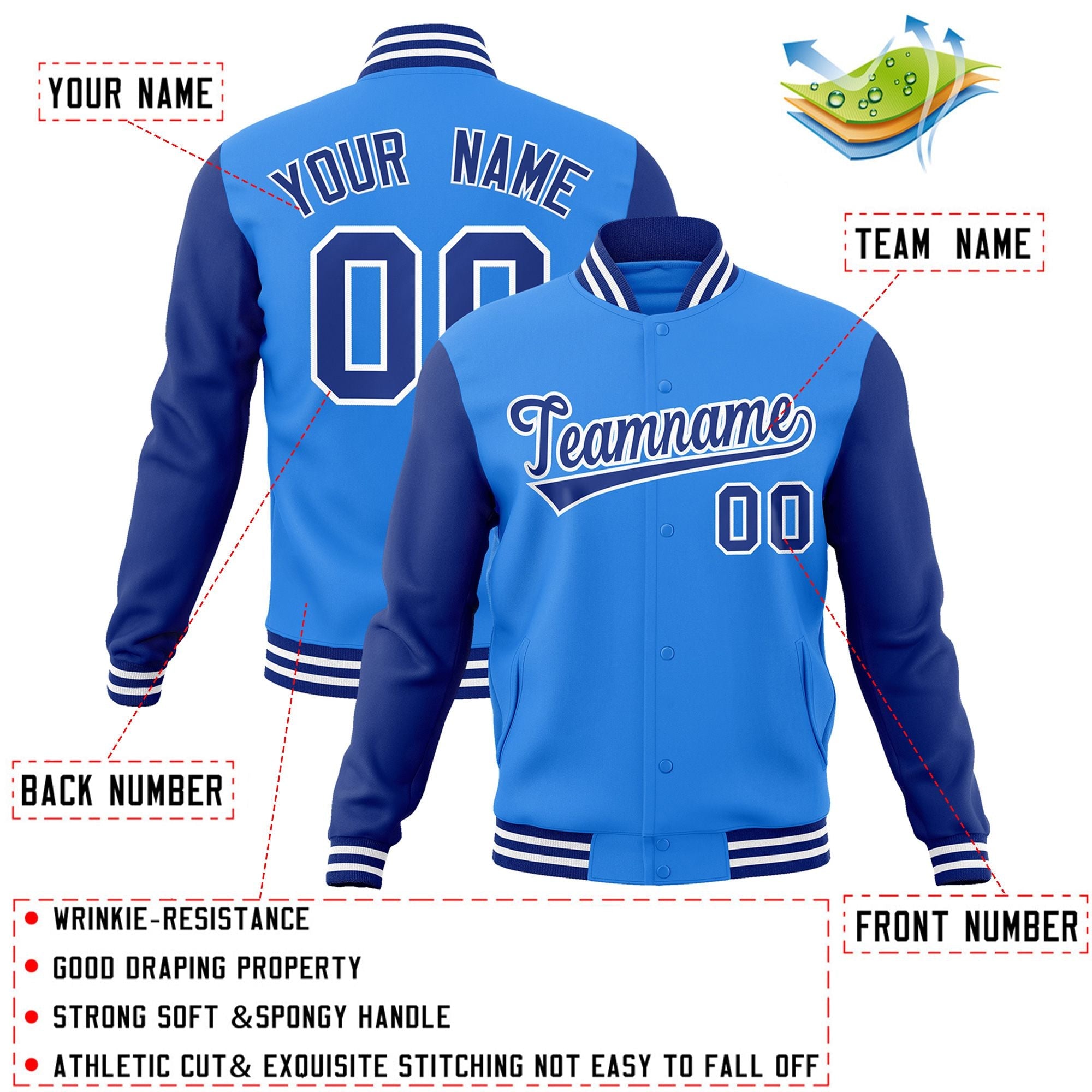 Custom Powder Blue Royal-White Raglan Sleeves Varsity Full-Snap Letterman Jacket