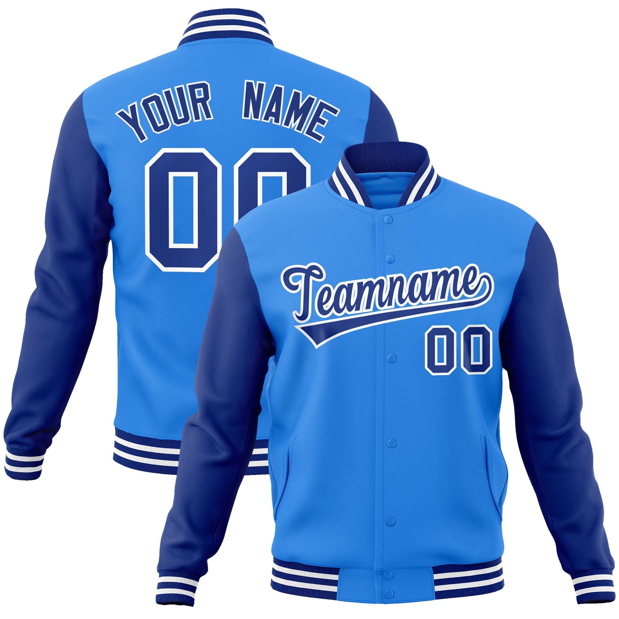 Custom Powder Blue Royal-White Raglan Sleeves Varsity Full-Snap Letterman Jacket