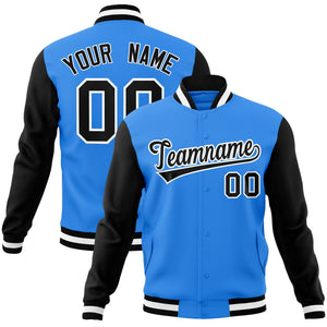 Custom Powder Blue Black-White Raglan Sleeves Varsity Full-Snap Letterman Jacket