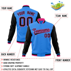 Veste Letterman Varsity Full-Snap à manches raglan bleu poudre personnalisée noir-rose