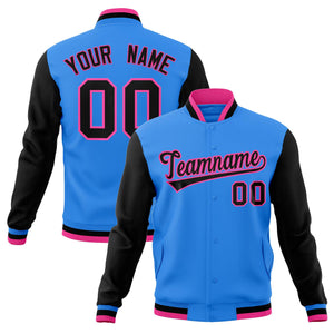 Custom Powder Blue Black-Pink Raglan Sleeves Varsity Full-Snap Letterman Jacket