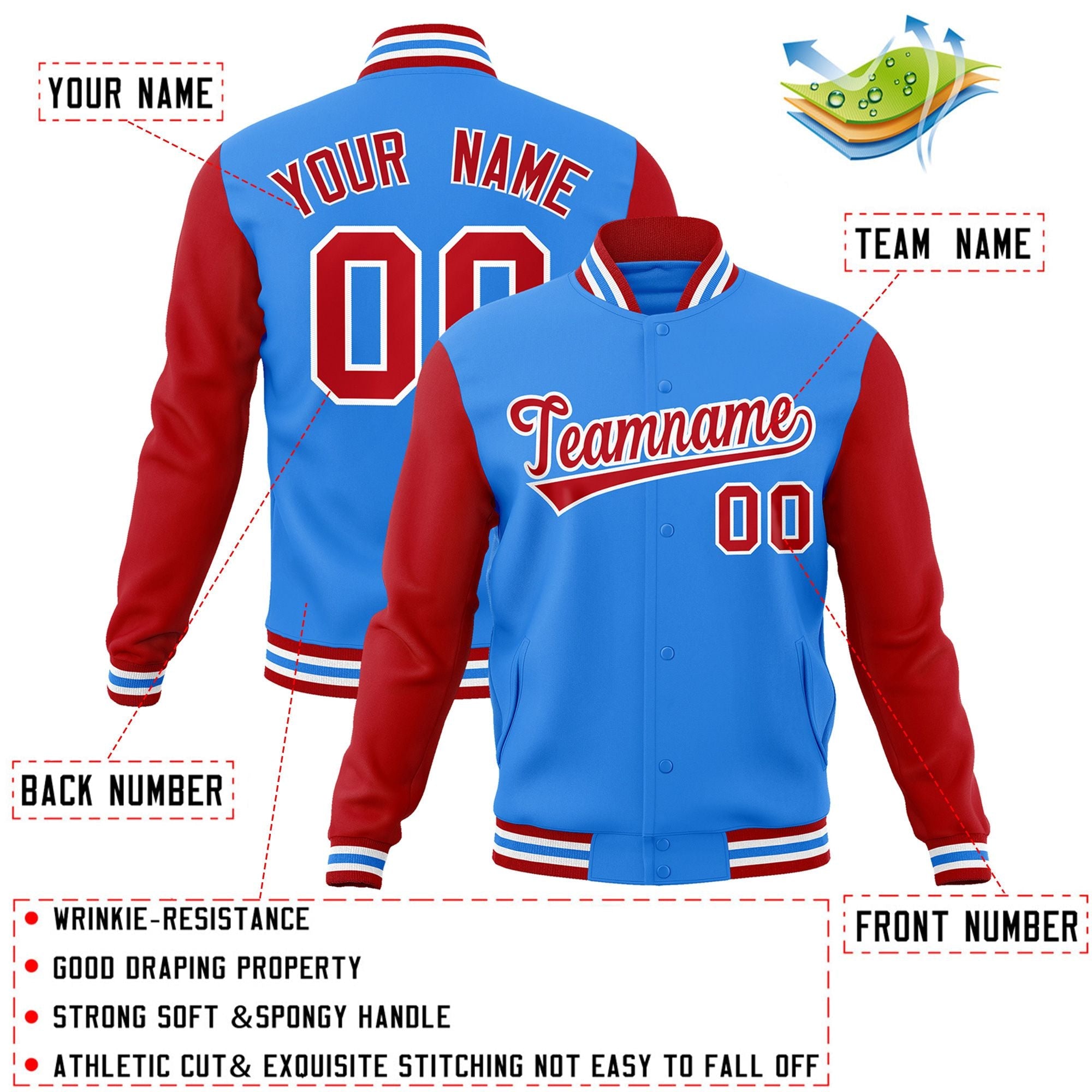 Veste Letterman Varsity Full-Snap à manches raglan personnalisées bleu poudre rouge-blanc