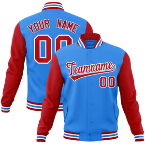 Custom Powder Blue Red-White Raglan Sleeves Varsity Full-Snap Letterman Jacket