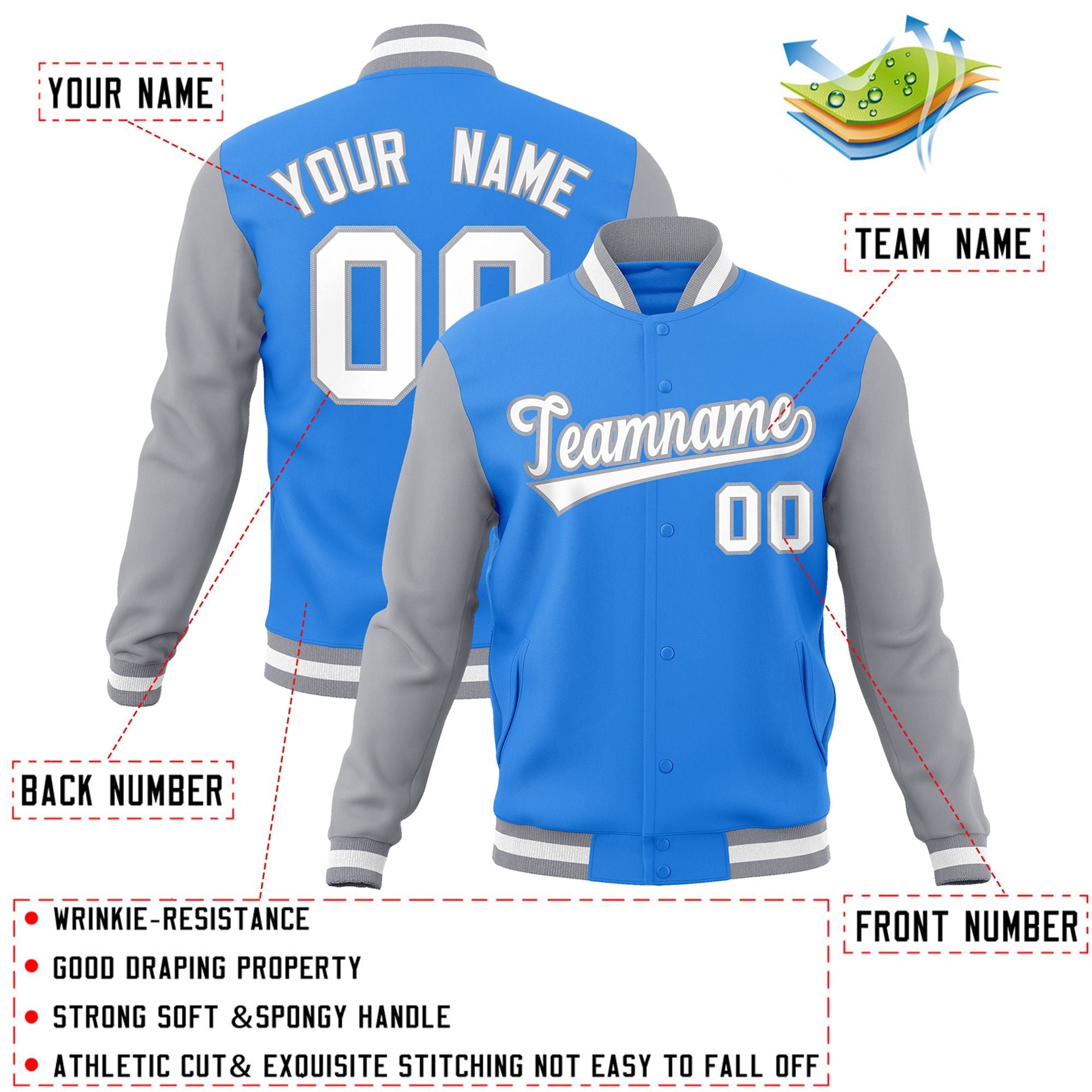 Custom Powder Blue White-Gray Raglan Sleeves Varsity Full-Snap Letterman Jacket